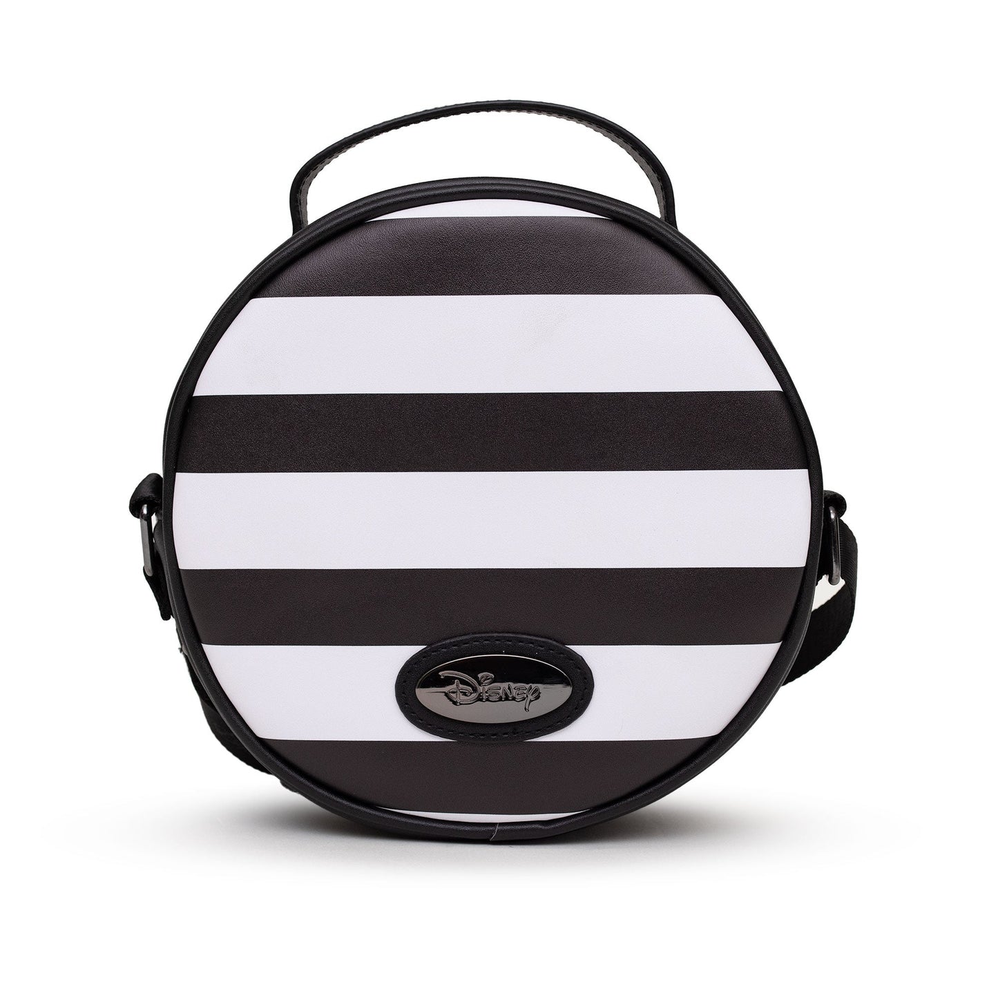 Disney Bag, Crossbody, Round, Pirate Mickey Mouse Smiling Expression Applique, Stripe Black White, Vegan Leather