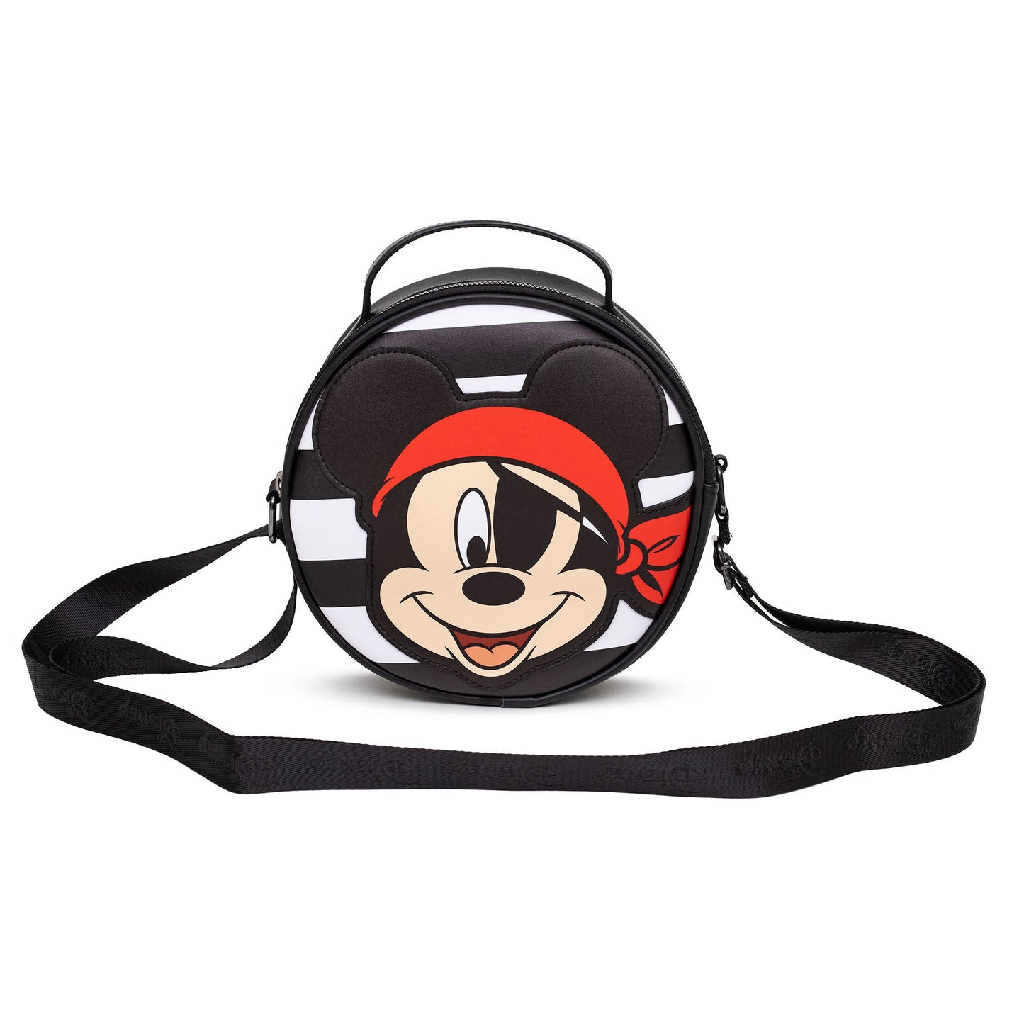 Disney Bag, Crossbody, Round, Pirate Mickey Mouse Smiling Expression Applique, Stripe Black White, Vegan Leather