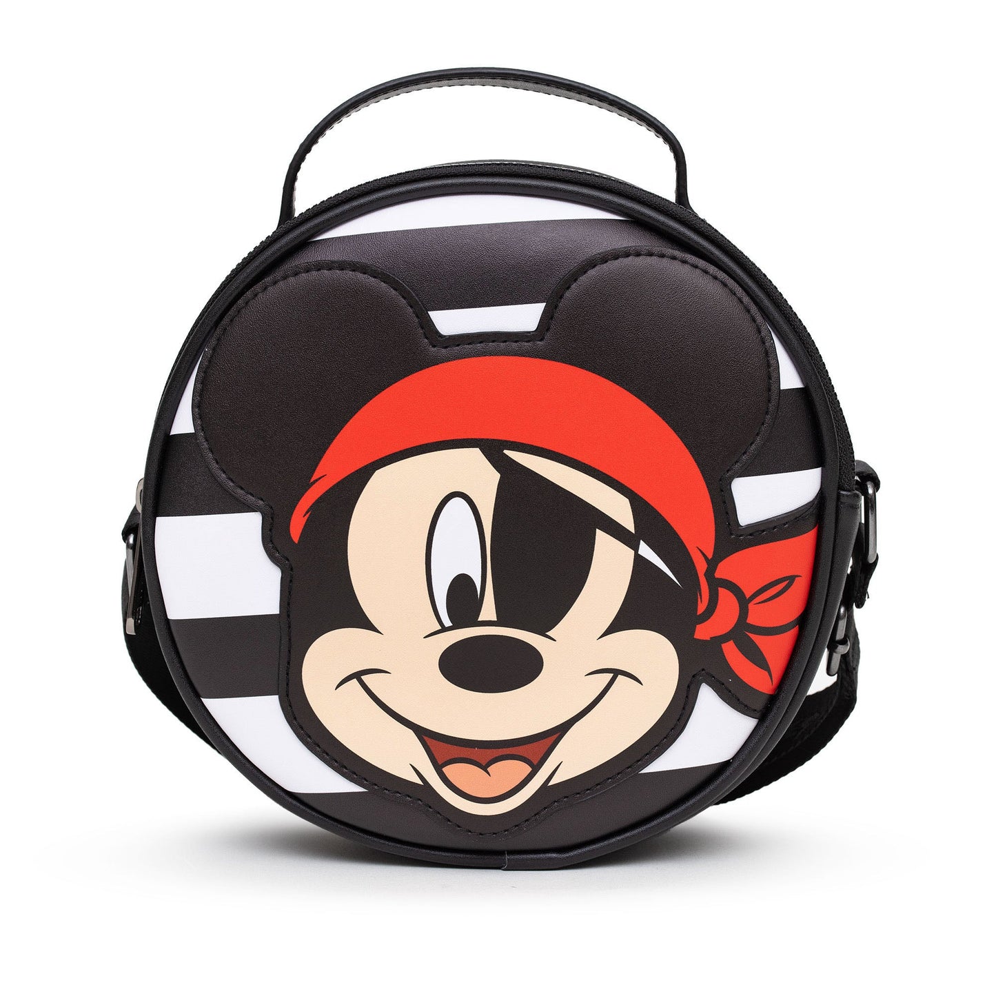 Disney Bag, Crossbody, Round, Pirate Mickey Mouse Smiling Expression Applique, Stripe Black White, Vegan Leather