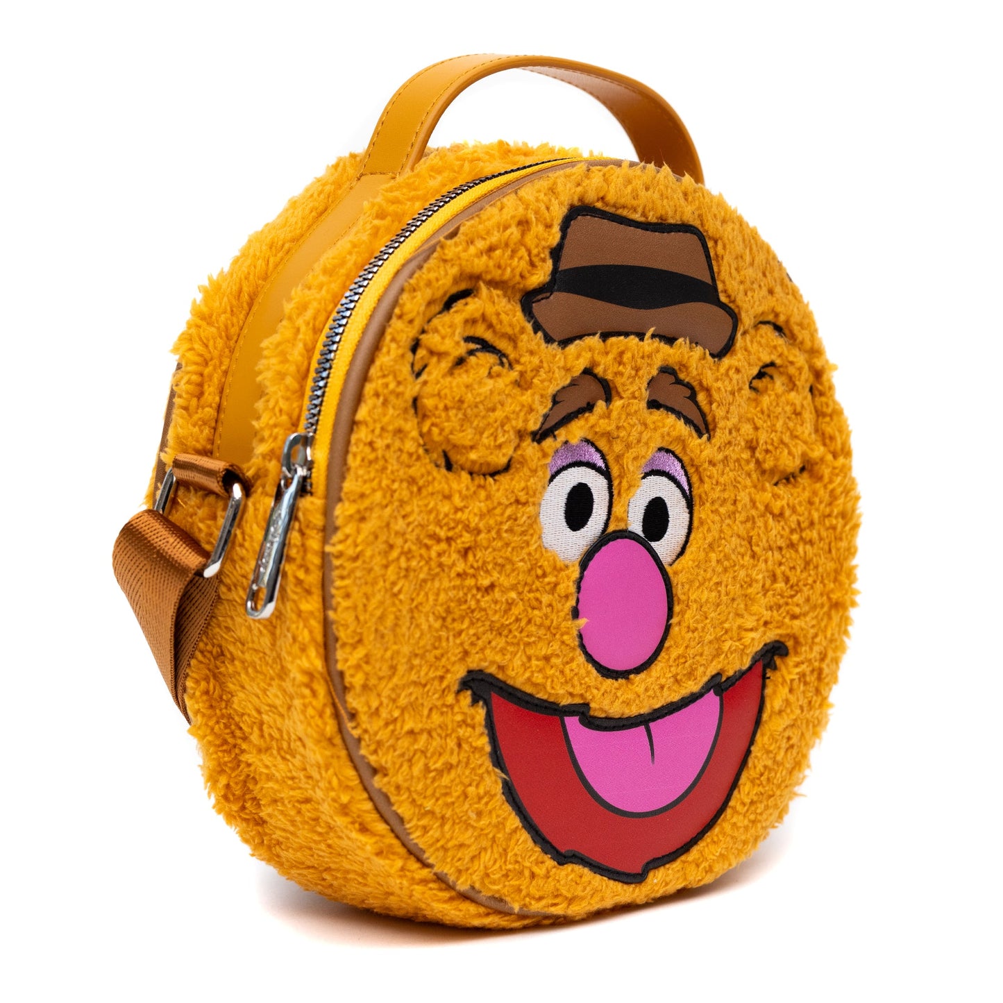 Disney Bag, Crossbody, Round, The Muppets Fozzie Bear Face Character Close Up Faux Fur, Brown, Vegan Leather