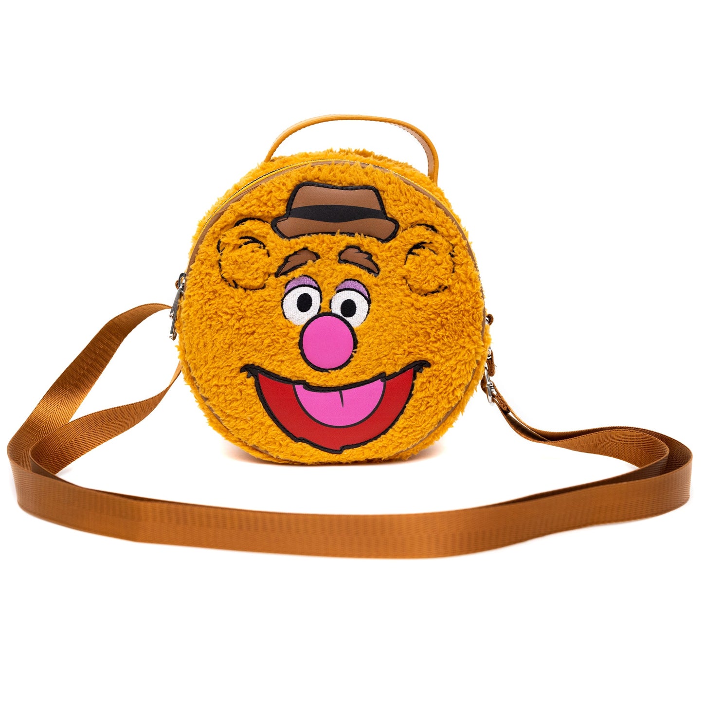 Disney Bag, Crossbody, Round, The Muppets Fozzie Bear Face Character Close Up Faux Fur, Brown, Vegan Leather