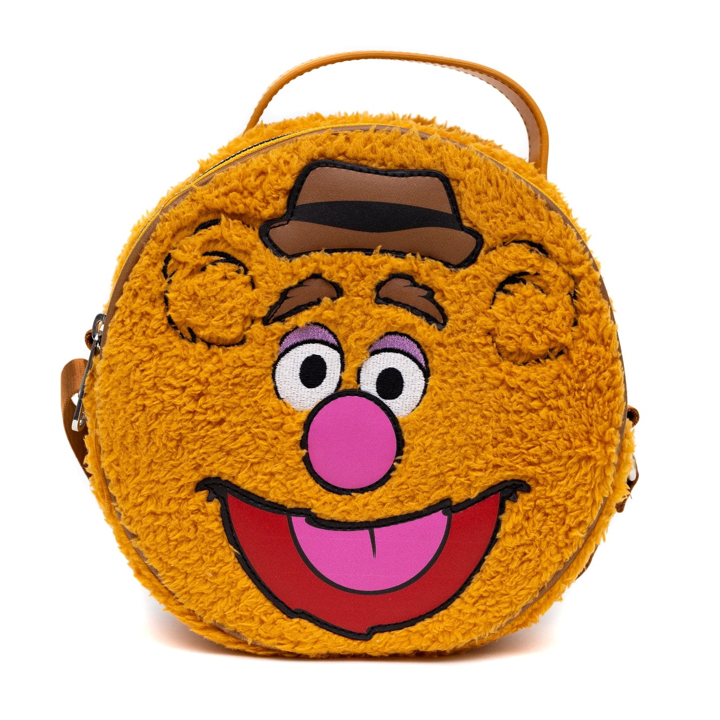 Disney Bag, Crossbody, Round, The Muppets Fozzie Bear Face Character Close Up Faux Fur, Brown, Vegan Leather