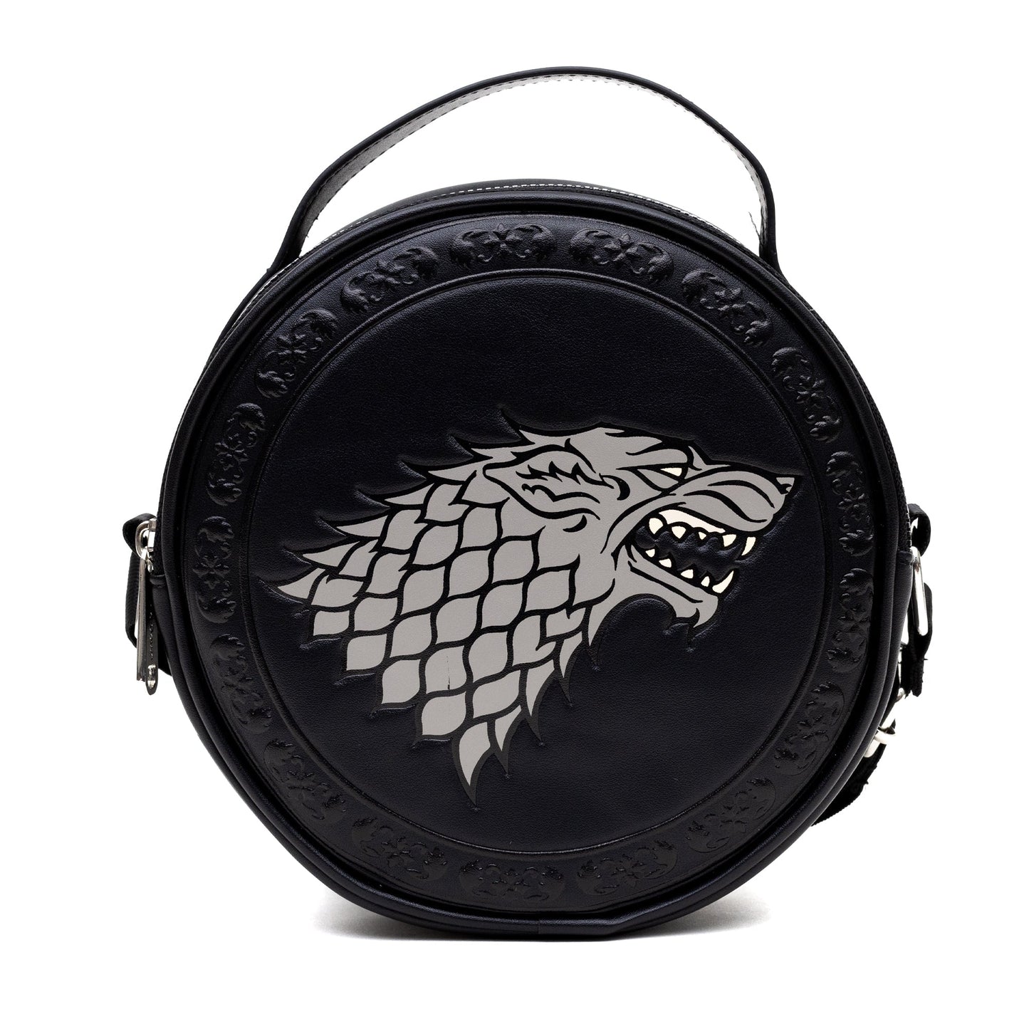 Game of Thrones Vegan Leather Round Crossbody Bag with Adjustable Straps, House of Stark Sigil Debossed and Filigree, Black