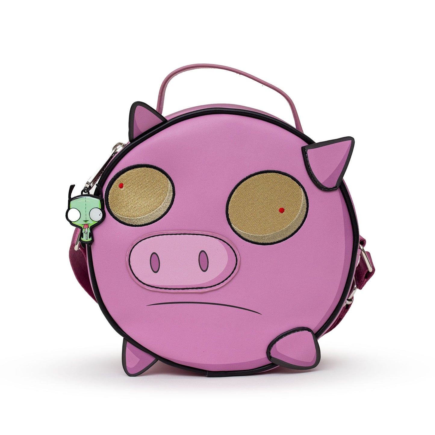 Nickelodeon Bag, Crossbody, Round, Invader Zim Piggy Close Up Applique with Embroidery, Pink, Vegan Leather