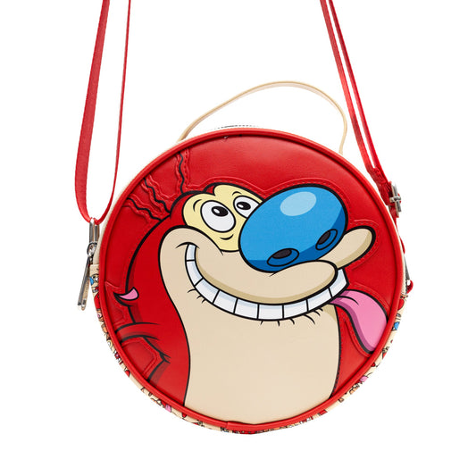 Nickelodeon Vegan Leather Round Crossbody Bag with Adjustable Straps, Ren and Stimpy Character Face Close Up Appliques, Red Beige