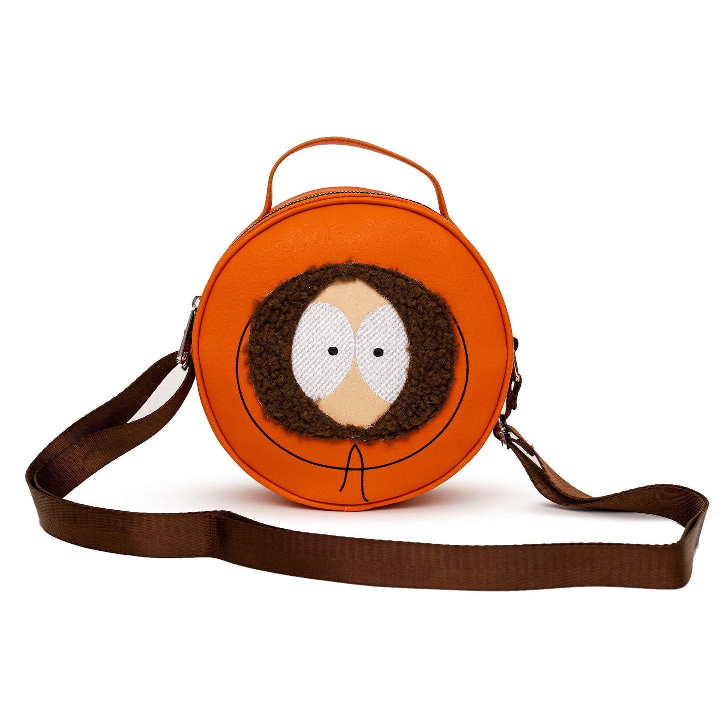 Comedy Central Bag, Crossbody, Round, South Park Kenny Face Close Up with Fur and Embroidery, Orange, Vegan Leather