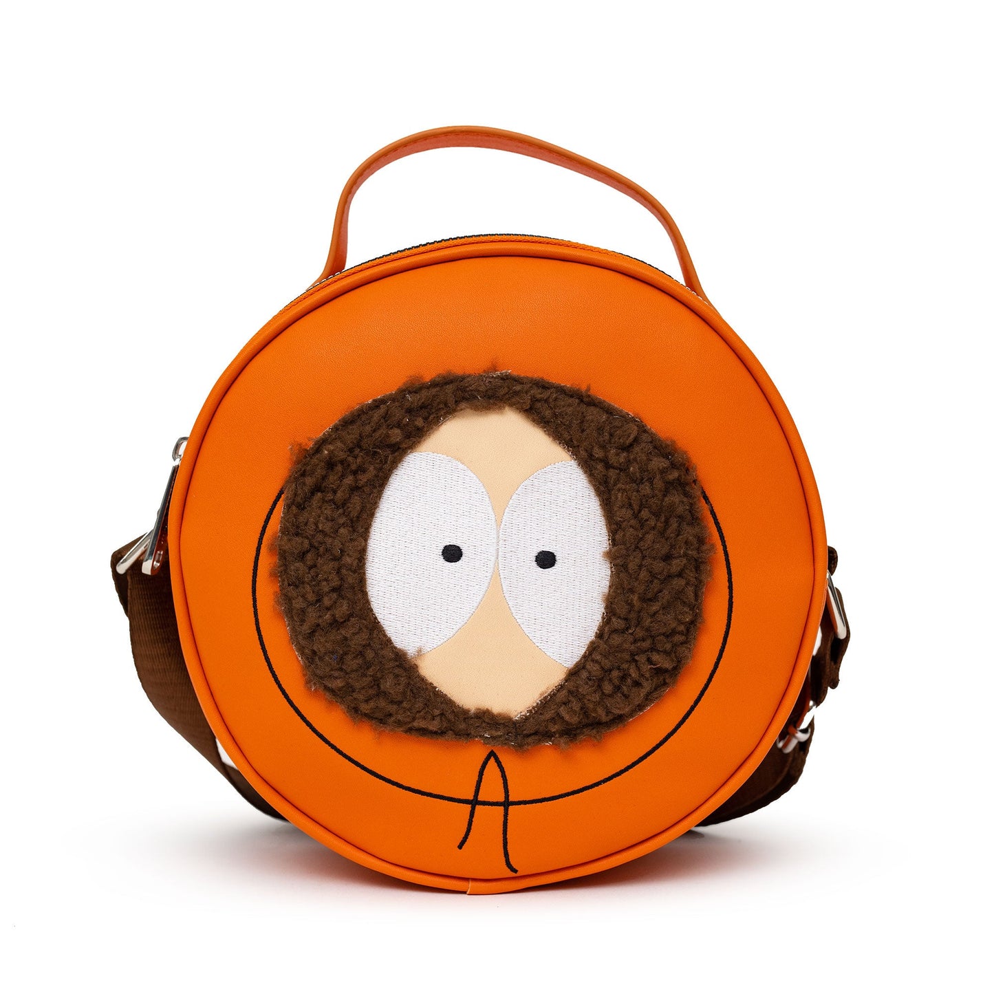 Comedy Central Bag, Crossbody, Round, South Park Kenny Face Close Up with Fur and Embroidery, Orange, Vegan Leather