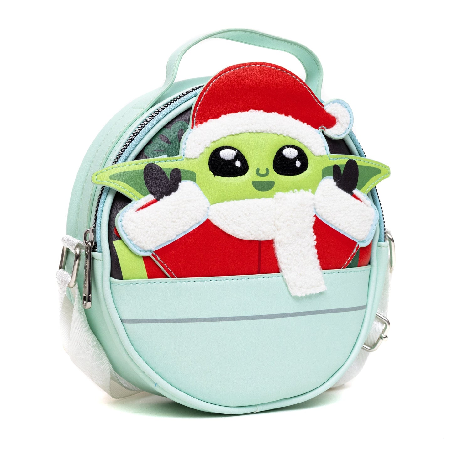 Star Wars Bag, Crossbody, Round, Christmas Holiday Santa Grogu This is the Way Mint, Vegan Leather