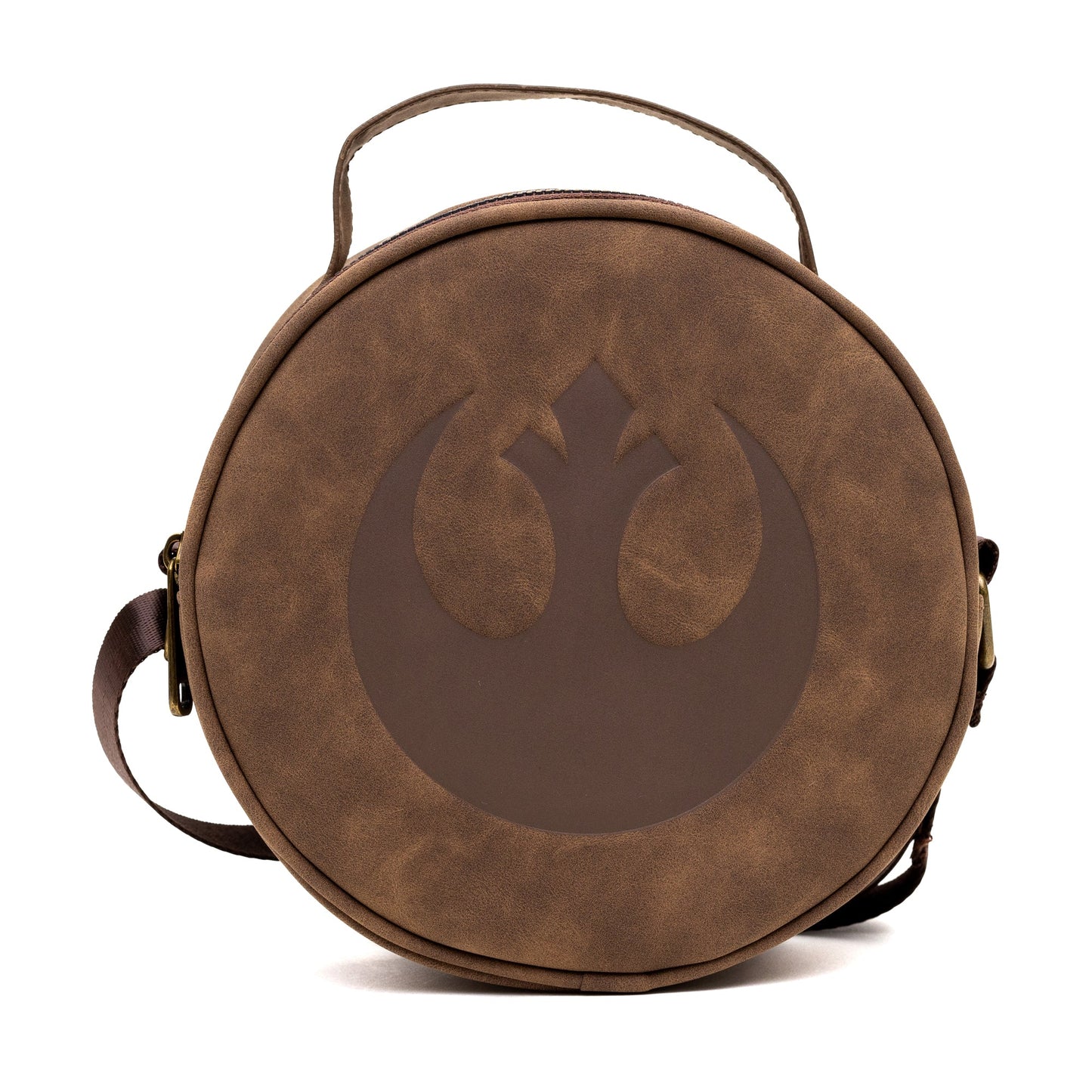 Star Wars Vegan Leather Round Crossbody Bag with Adjustable Straps, Rebel Alliance Insignia Emblem Debossed, Brown