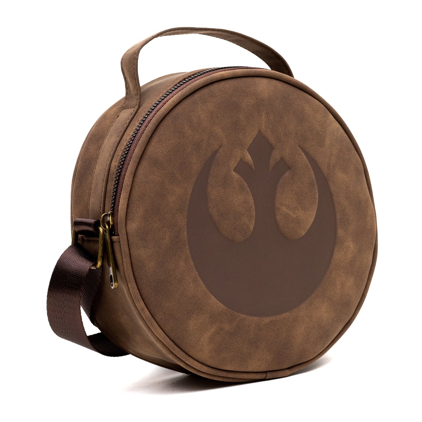 Star Wars Vegan Leather Round Crossbody Bag with Adjustable Straps, Rebel Alliance Insignia Emblem Debossed, Brown