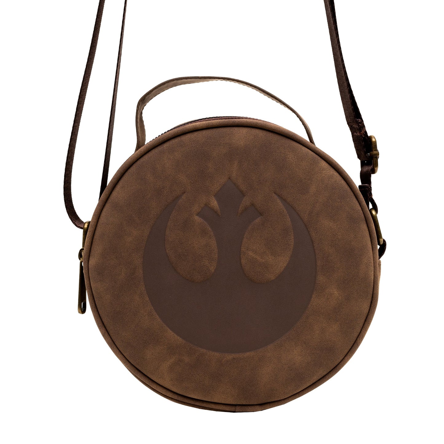 Star Wars Vegan Leather Round Crossbody Bag with Adjustable Straps, Rebel Alliance Insignia Emblem Debossed, Brown