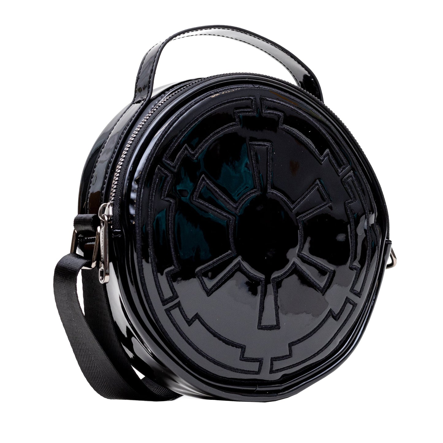 Star Wars Vegan Leather Round Crossbody Bag with Adjustable Straps, Galactic Empire Imperial Insignia Embroidered, Black