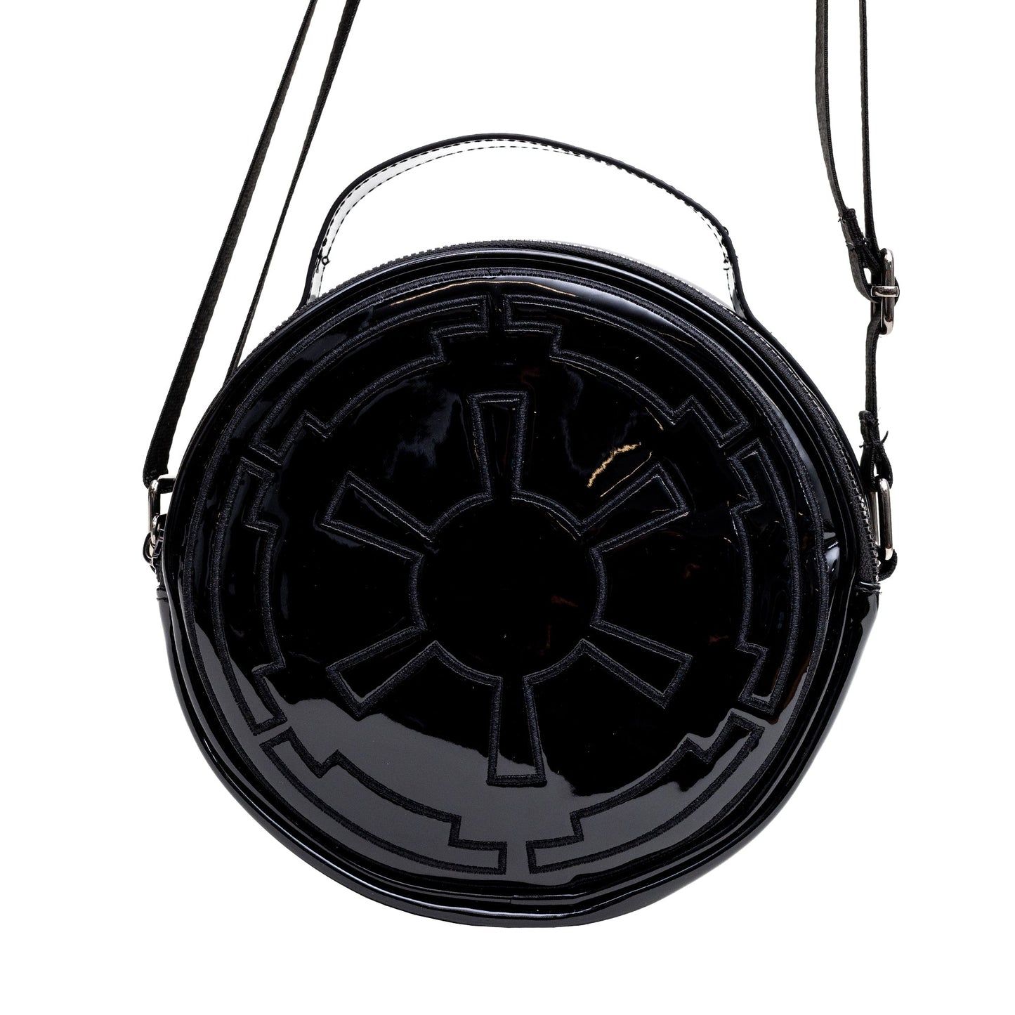 Star Wars Vegan Leather Round Crossbody Bag with Adjustable Straps, Galactic Empire Imperial Insignia Embroidered, Black