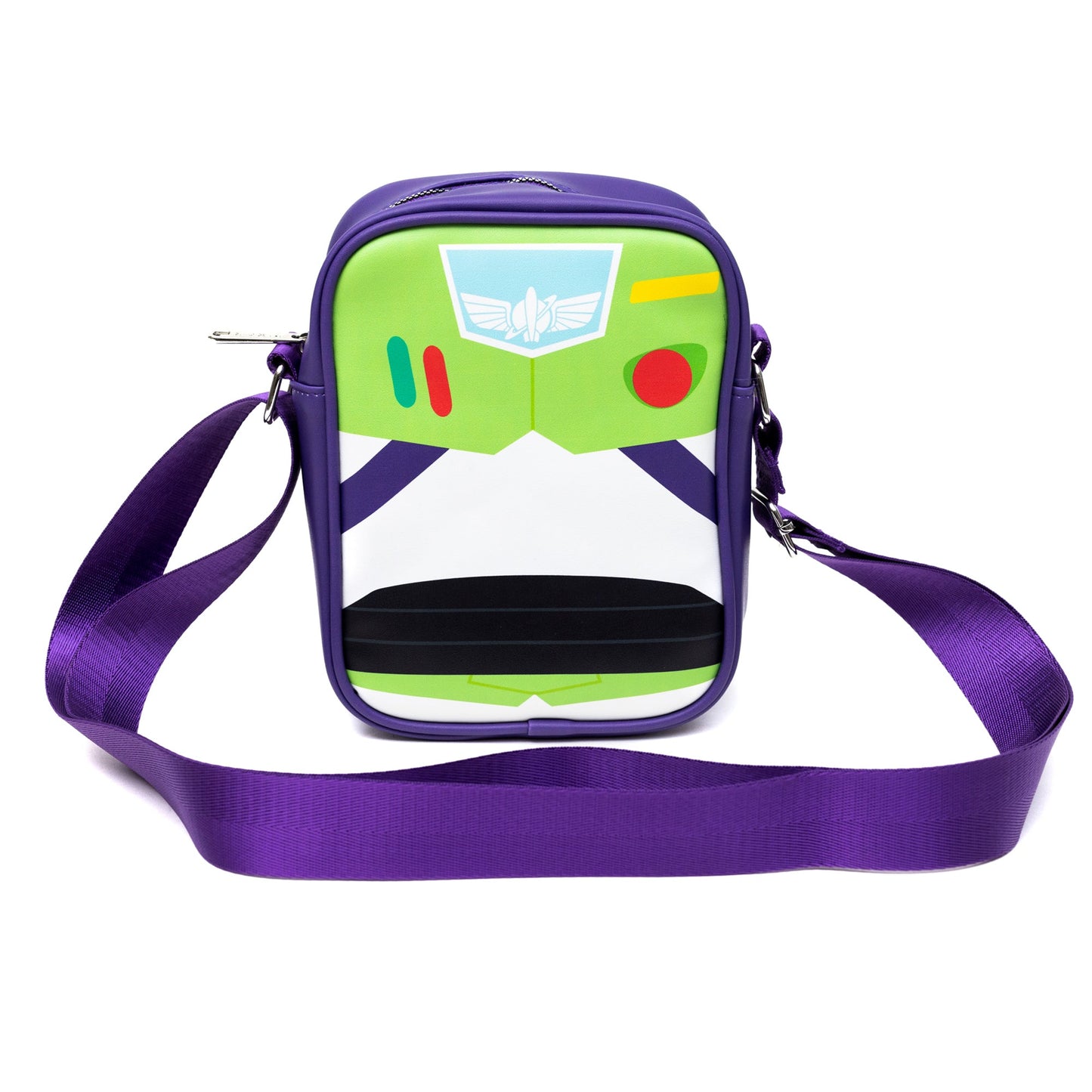 Disney Vegan Leather Crossbody Backpack for Men and Women with Adjustable Strap, Toy Story Buzz Lightyear Character Close Up Purple