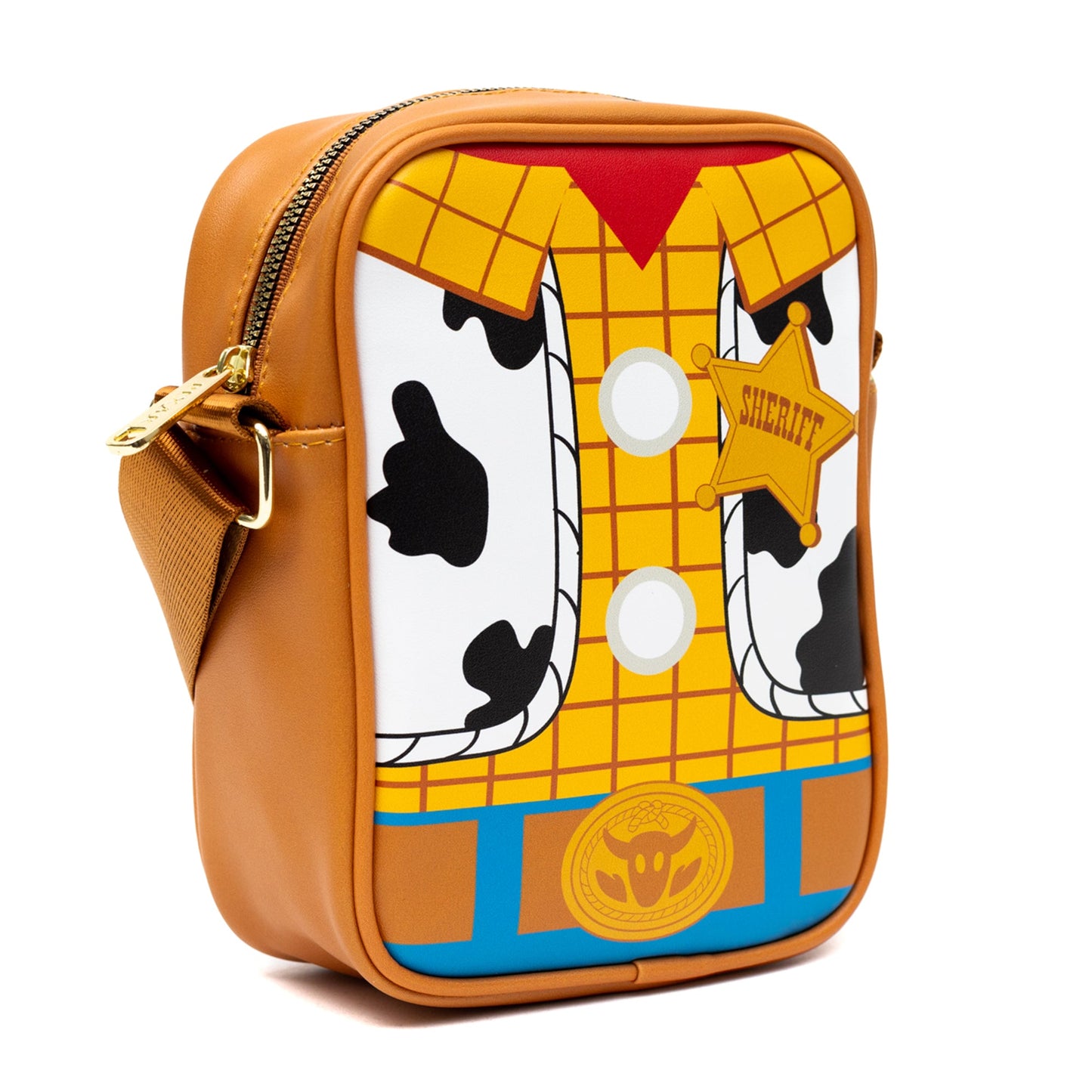 Disney Vegan Leather Crossbody Backpack for Men and Women with Adjustable Strap, Toy Story Woody Doll Chest with Back Close Up Brown