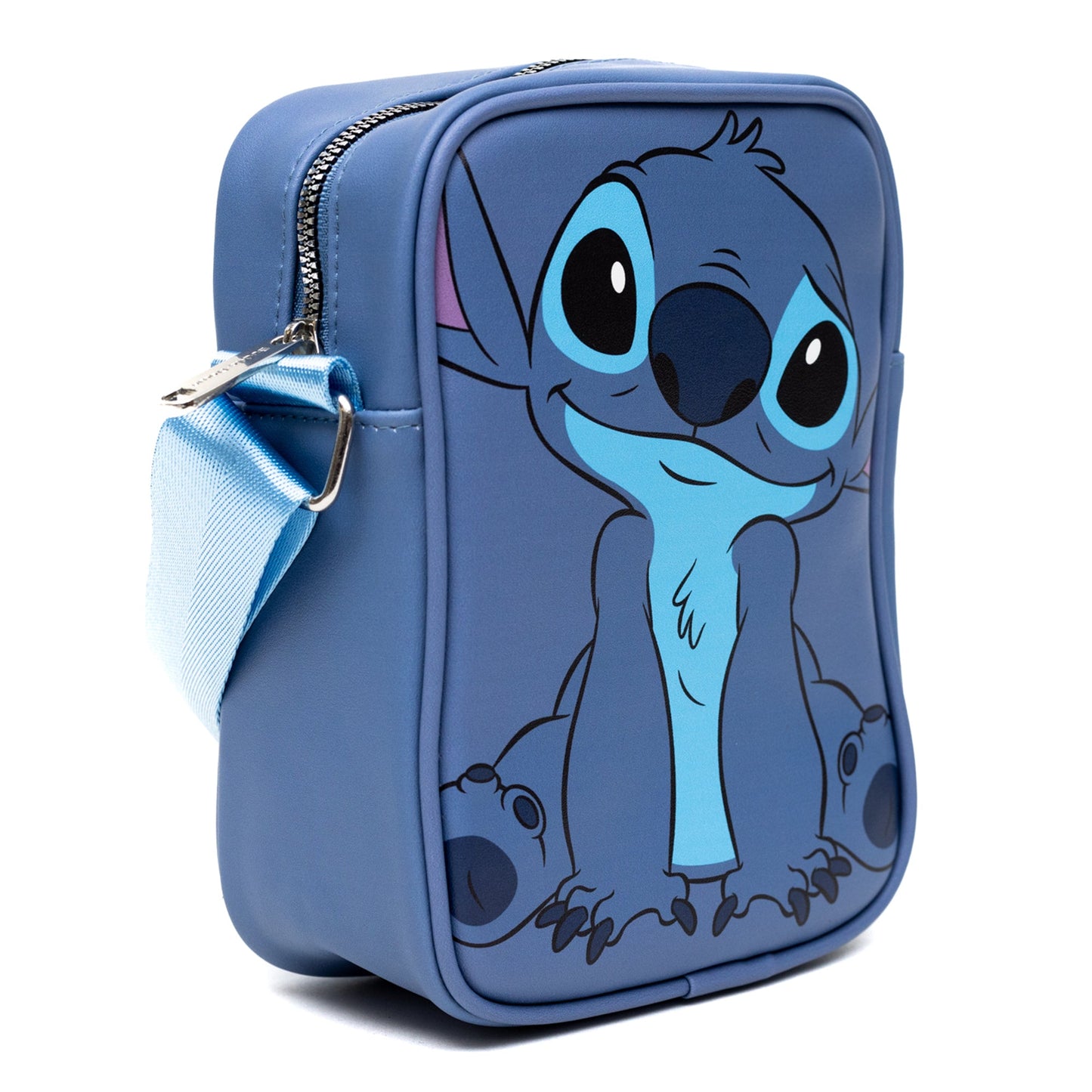 Disney Vegan Leather Crossbody Backpack for Men and Women with Adjustable Strap, Lilo and Stitch Stitch Character Close Up Face and Back, Blue