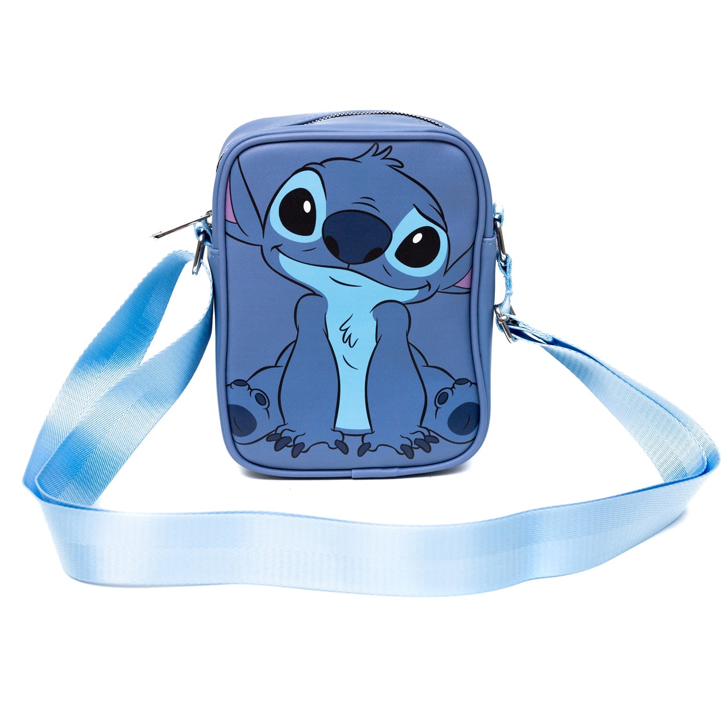 Disney Vegan Leather Crossbody Backpack for Men and Women with Adjustable Strap, Lilo and Stitch Stitch Character Close Up Face and Back, Blue