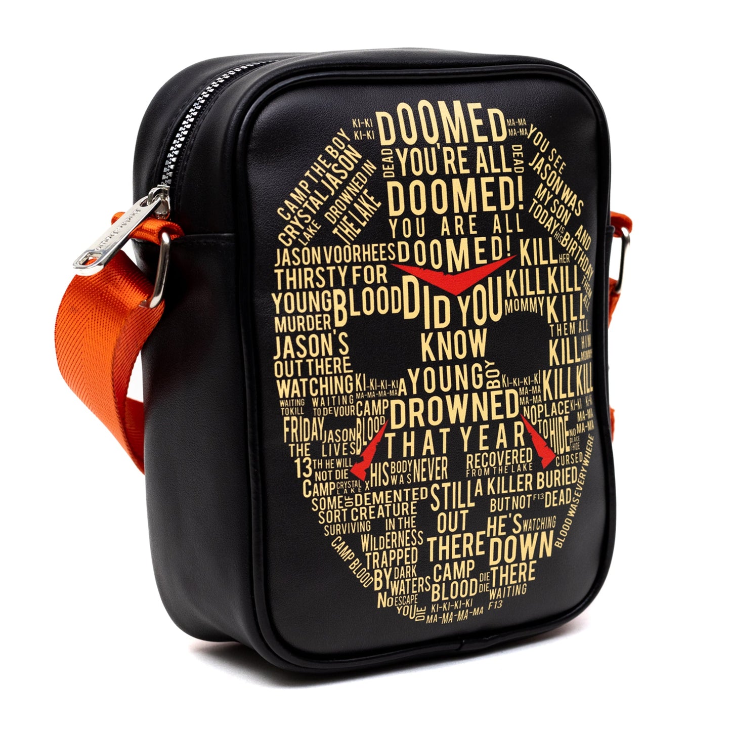 Horror Movies Vegan Leather Crossbody Backpack for Men and Women with Adjustable Strap, Friday the 13th Jason Hockey Mask Quotes Typography Black