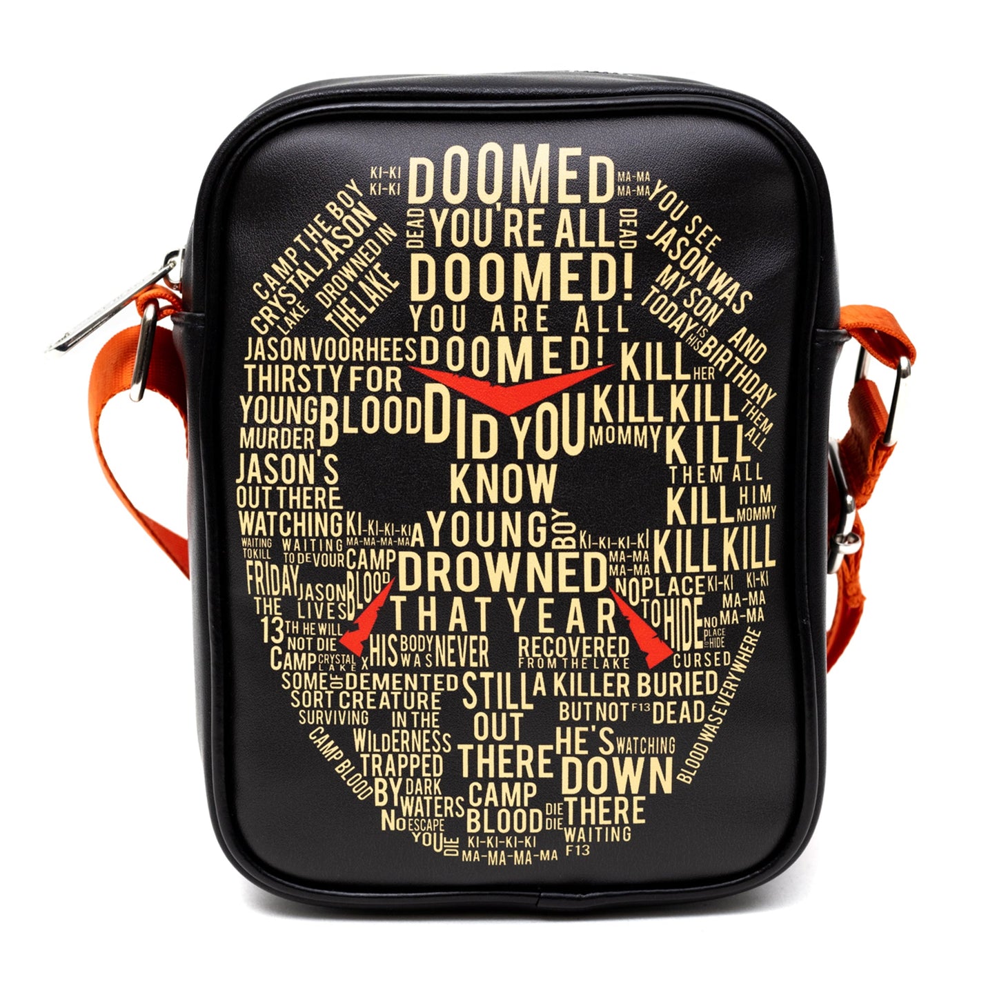 Horror Movies Vegan Leather Crossbody Backpack for Men and Women with Adjustable Strap, Friday the 13th Jason Hockey Mask Quotes Typography Black