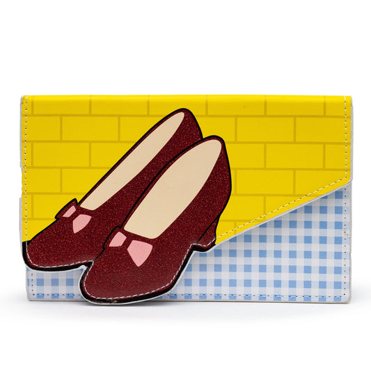 Wizard of Oz Wallet, Fold Over, Dorothys Ruby Slippers with Bricks and Checkers, Vegan Leather