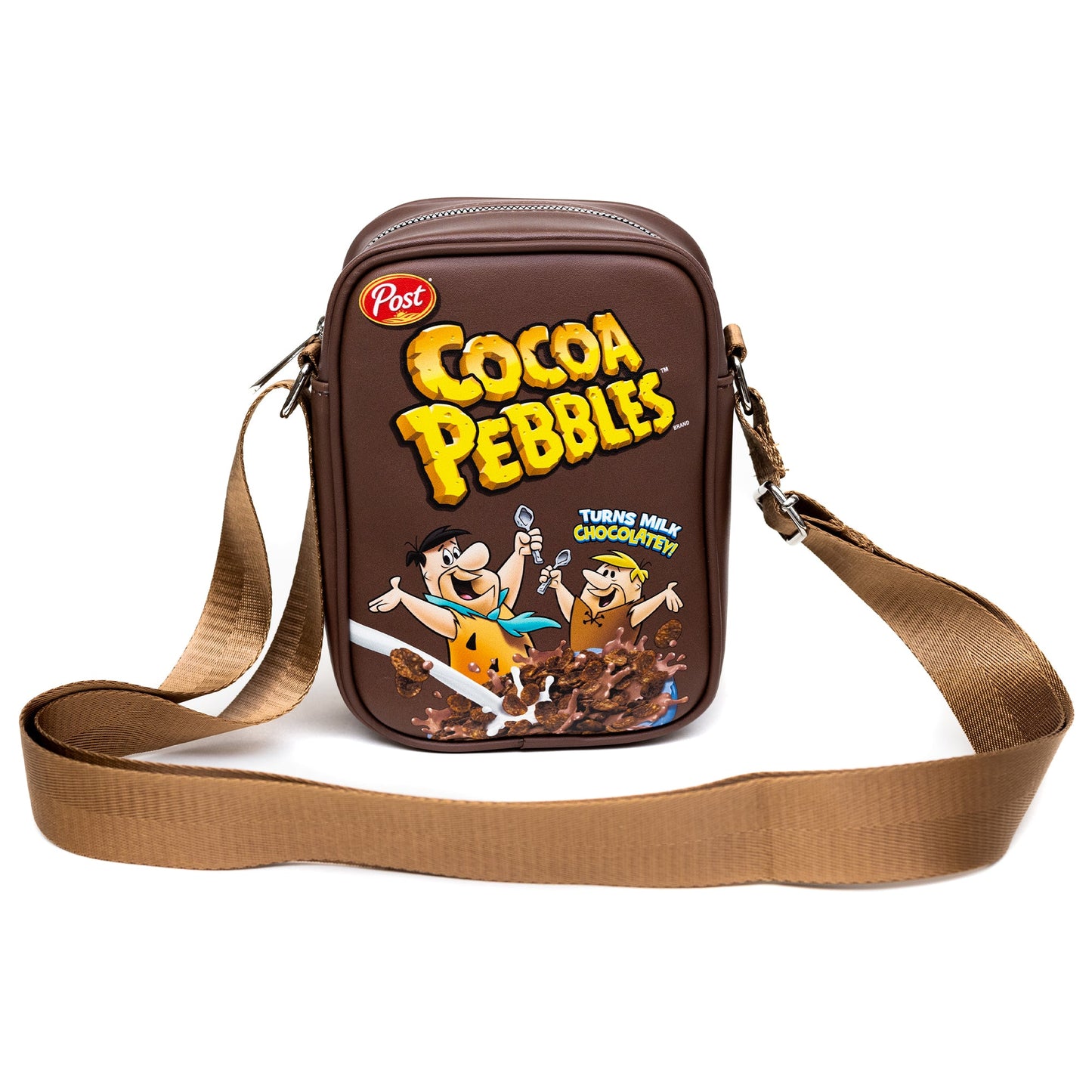 The Flintstones Bag, Crossbody, Cocoa Pebbles Fred and Barney Cereal Box Replica, Brown, Vegan Leather