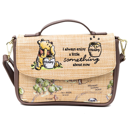 Disney Vegan Leather Fold Over Crossbody Bag for Women, Winnie the Pooh Embroidered Pooh and Friends Pose, Raffia Straw