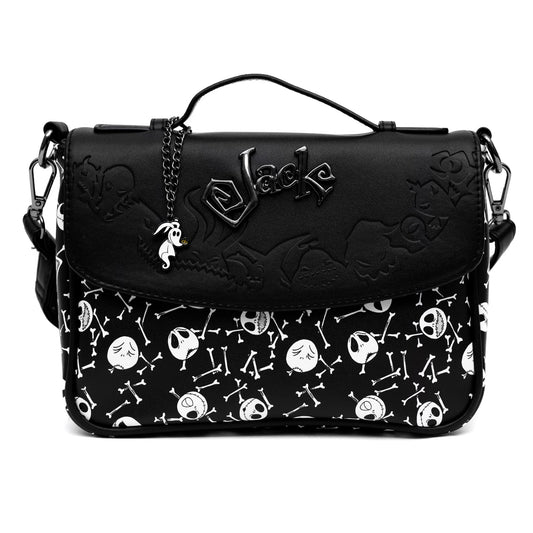 Disney Bag, Fold Over Crossbody, Nightmare Before Christmas Jack Faces and Bones Black White, Vegan Leather