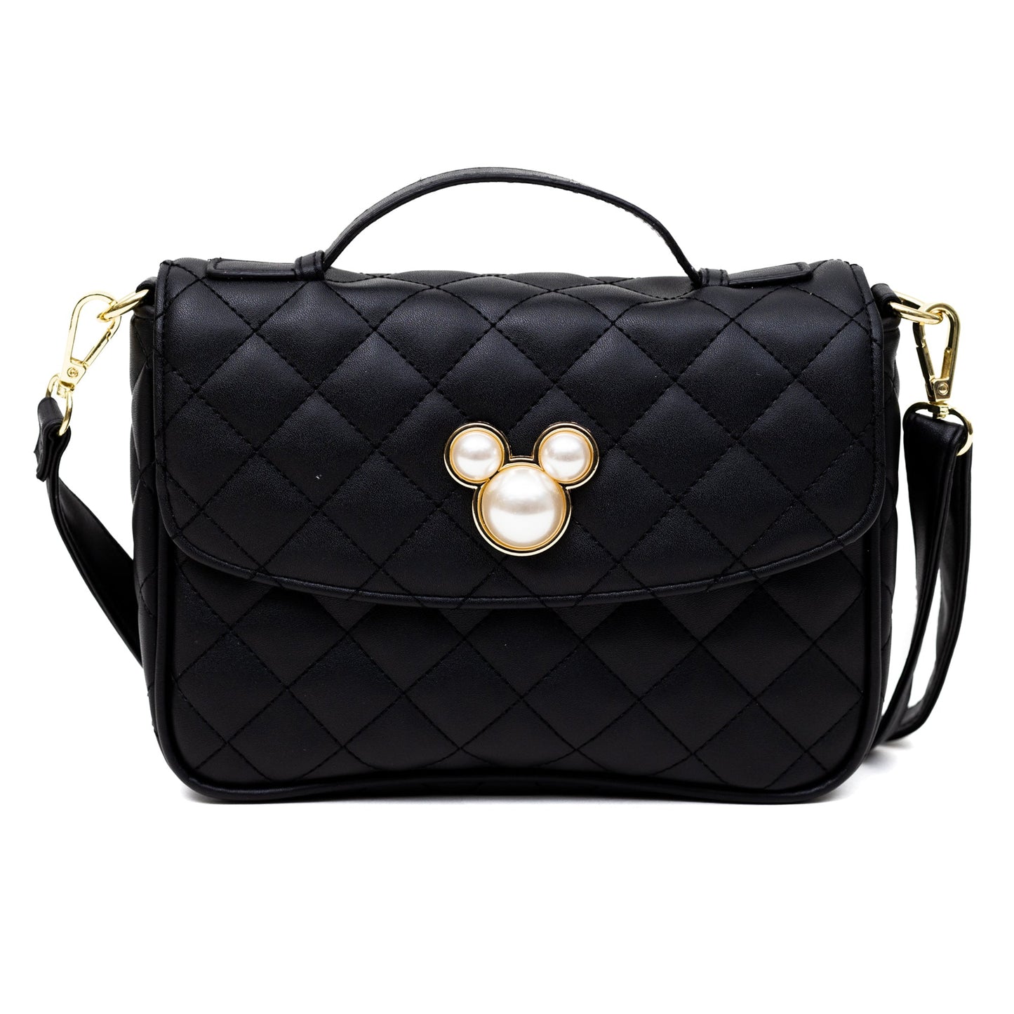 Disney Vegan Leather Fold Over Crossbody Bag for Women, Mickey Mouse Ears Icon Embellished with Faux Pearls, Black