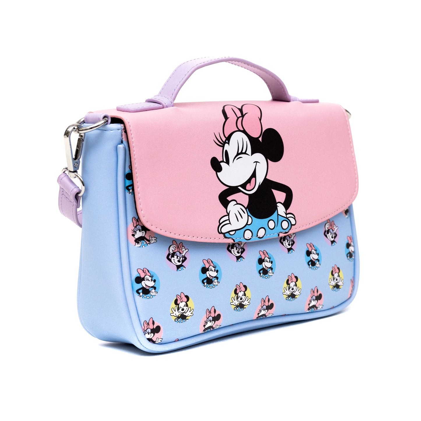 Disney Vegan Leather Fold Over Crossbody Bag for Women, Minnie Mouse Winking Pose Pink and Polka Dot Poses Baby Blue