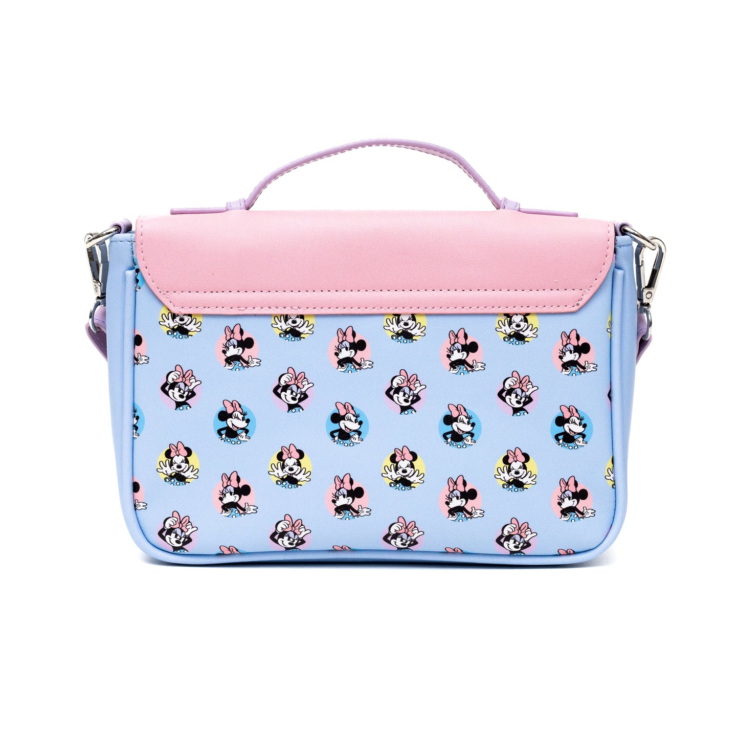 Disney Vegan Leather Fold Over Crossbody Bag for Women, Minnie Mouse Winking Pose Pink and Polka Dot Poses Baby Blue