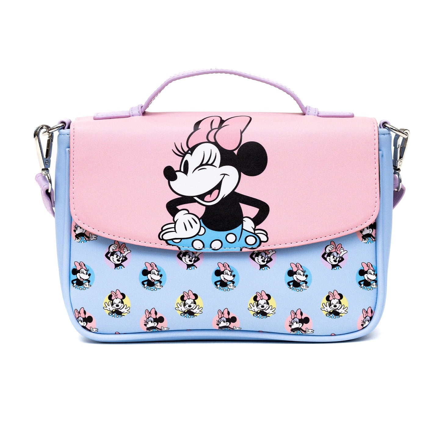 Disney Vegan Leather Fold Over Crossbody Bag for Women, Minnie Mouse Winking Pose Pink and Polka Dot Poses Baby Blue