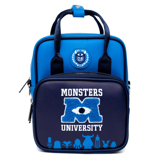 Disney Bag, Crossbody, Monsters University Chenille Patch with Monsters Print Blues, Vegan Leather