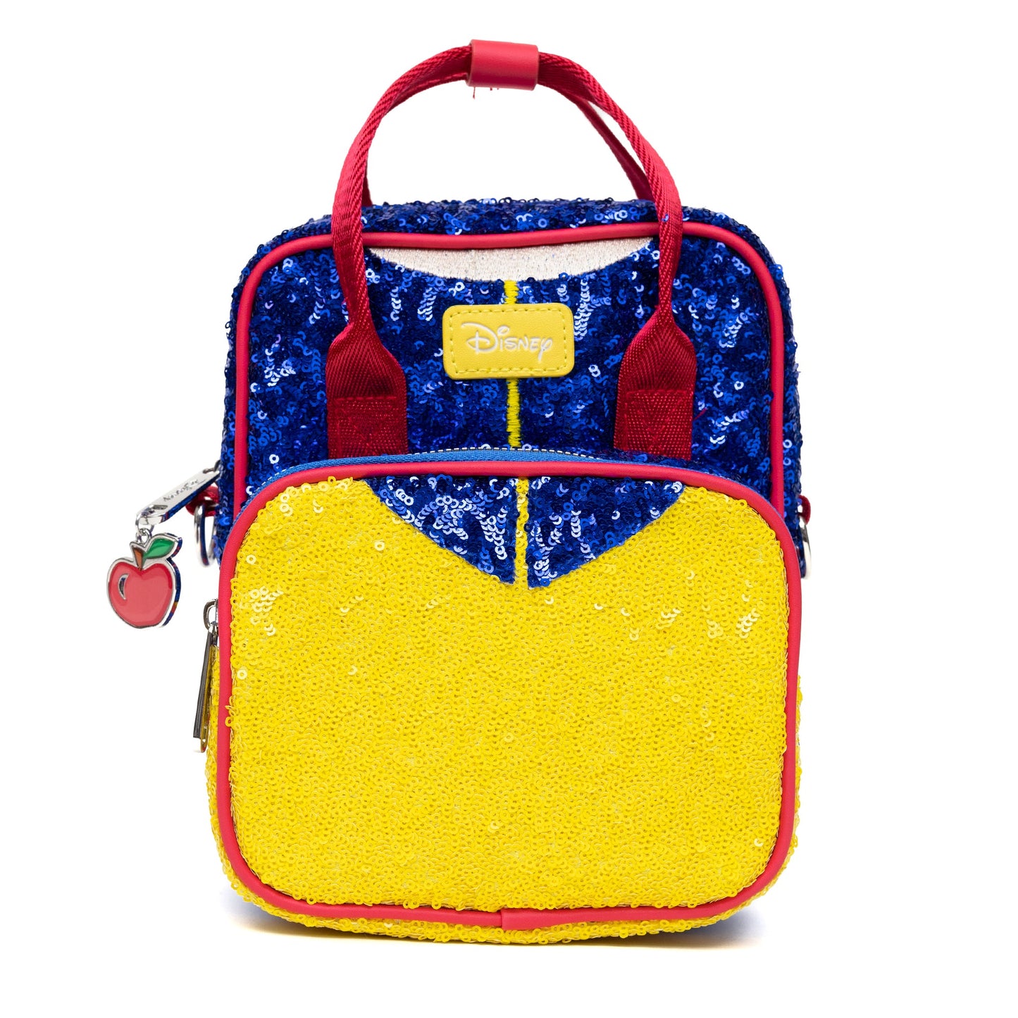 Disney Vegan Leather Crossbody Backpack for Women with Adjustable Strap, Snow White Bodice Blue and Yellow Sequin with Apple Charm