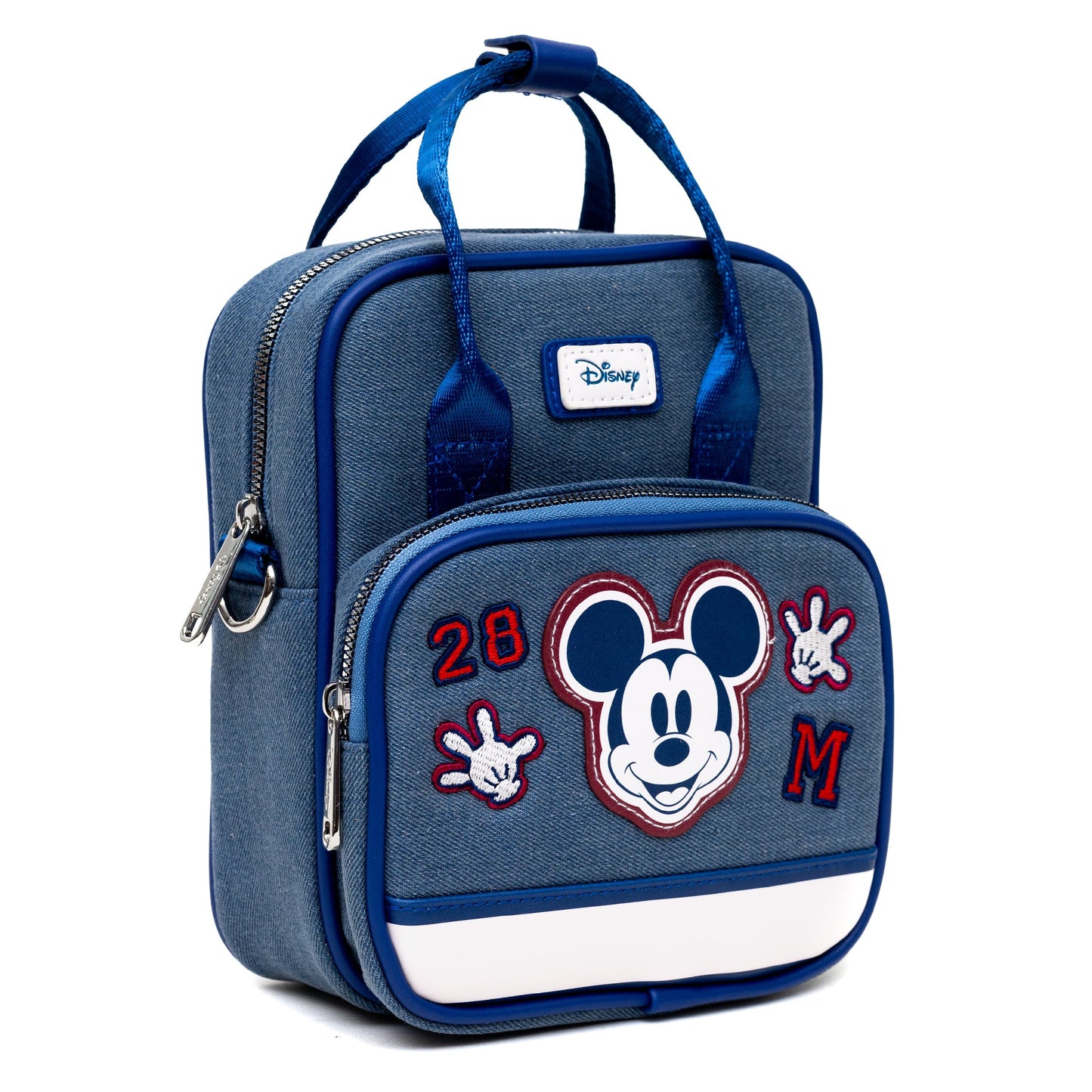 Disney Vegan Leather Crossbody Backpack for Men and Women with Adjustable Strap, Mickey Mouse Varsity Icons, Denim Blue