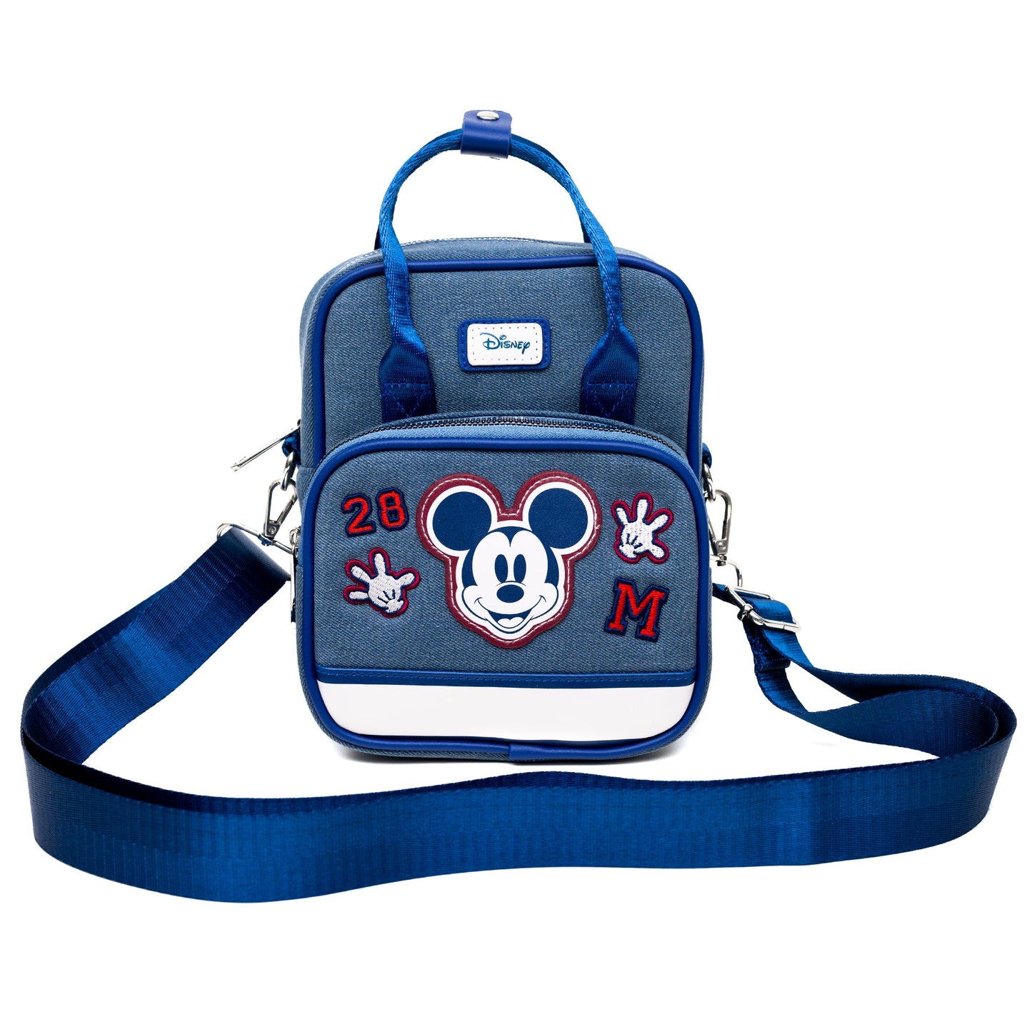 Disney Vegan Leather Crossbody Backpack for Men and Women with Adjustable Strap, Mickey Mouse Varsity Icons, Denim Blue