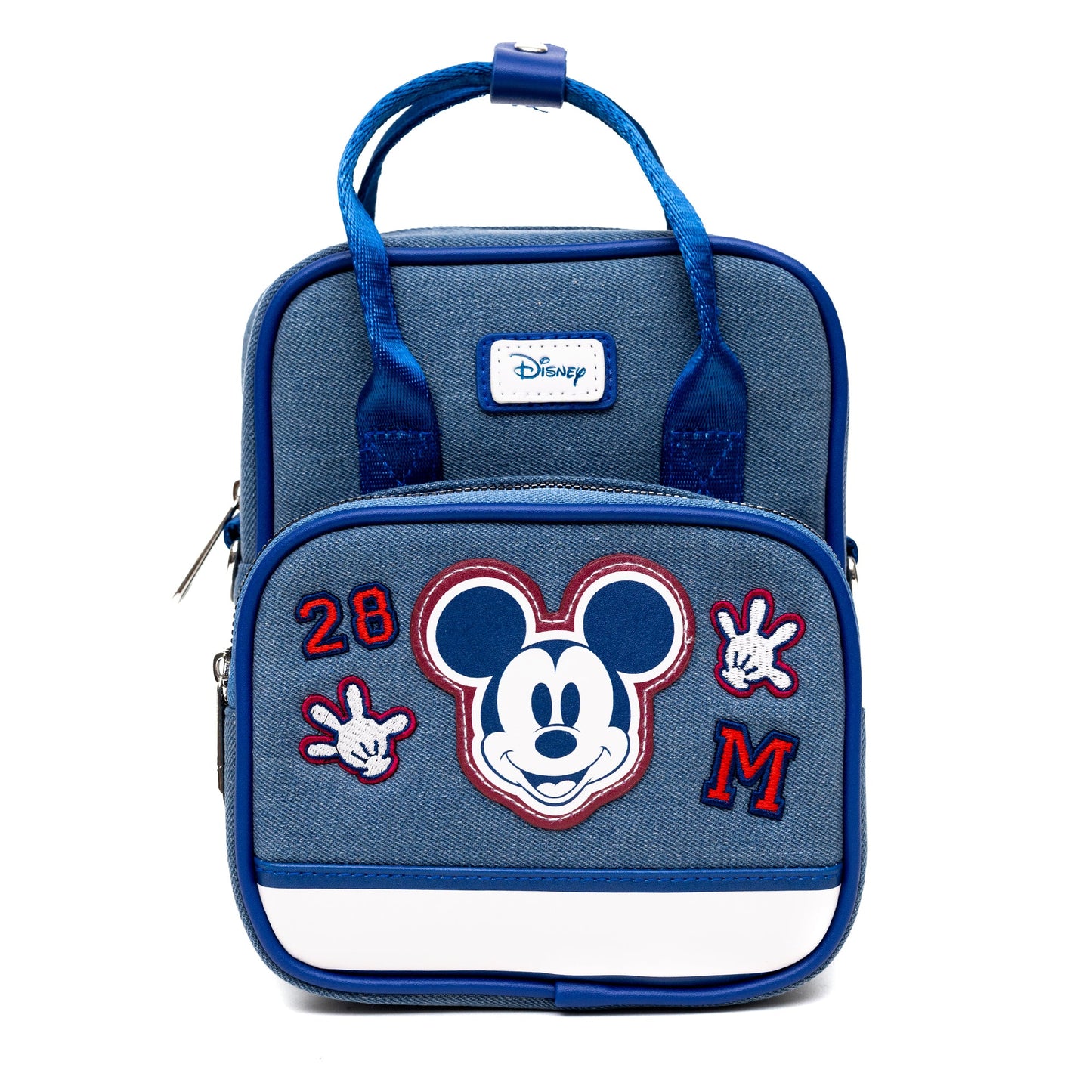 Disney Vegan Leather Crossbody Backpack for Men and Women with Adjustable Strap, Mickey Mouse Varsity Icons, Denim Blue