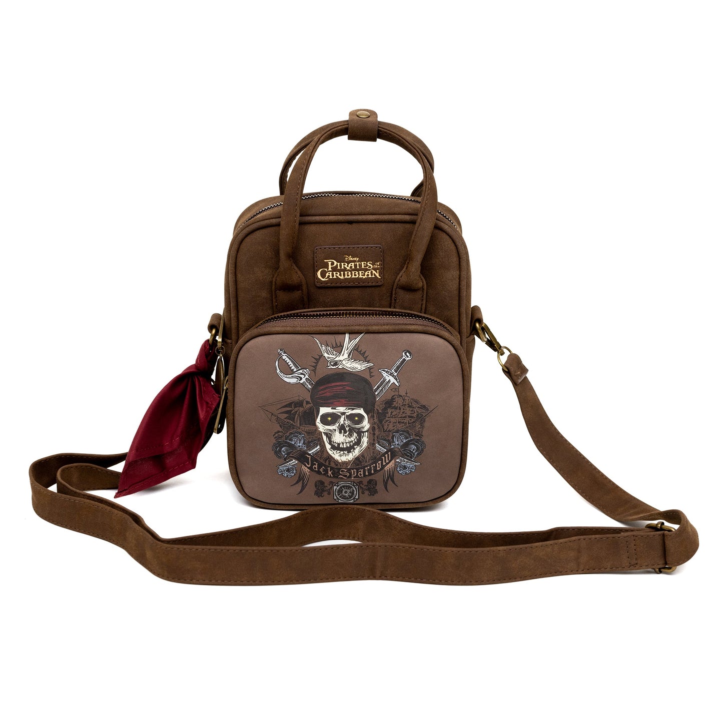 Disney Vegan Leather Crossbody Backpack for Men and Women with Adjustable Strap, Pirates of the Caribbean Jack Sparrow Skull and Swords Brown