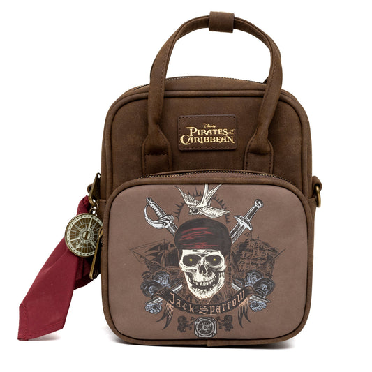 Disney Vegan Leather Crossbody Backpack for Men and Women with Adjustable Strap, Pirates of the Caribbean Jack Sparrow Skull and Swords Brown