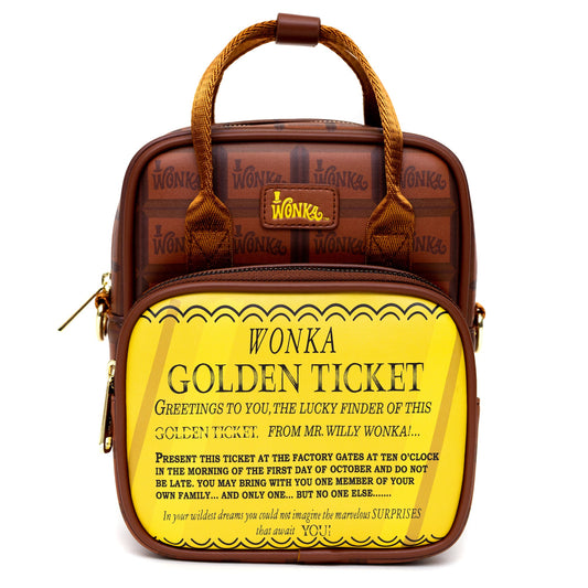 Warner Bros. Movies Bag, Crossbody, Willy Wonka Golden Ticket Text and Wonka Bar Print Browns, Vegan Leather