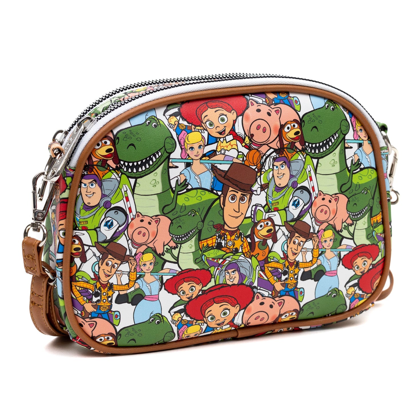 Disney Vegan Leather Crossbody bag with Adjustable Straps, Lilo & Stitch Stitch Close Up Lick Pose Applique, Blue, Toy Story Characters Stacked Multi Color, 8" x 7"