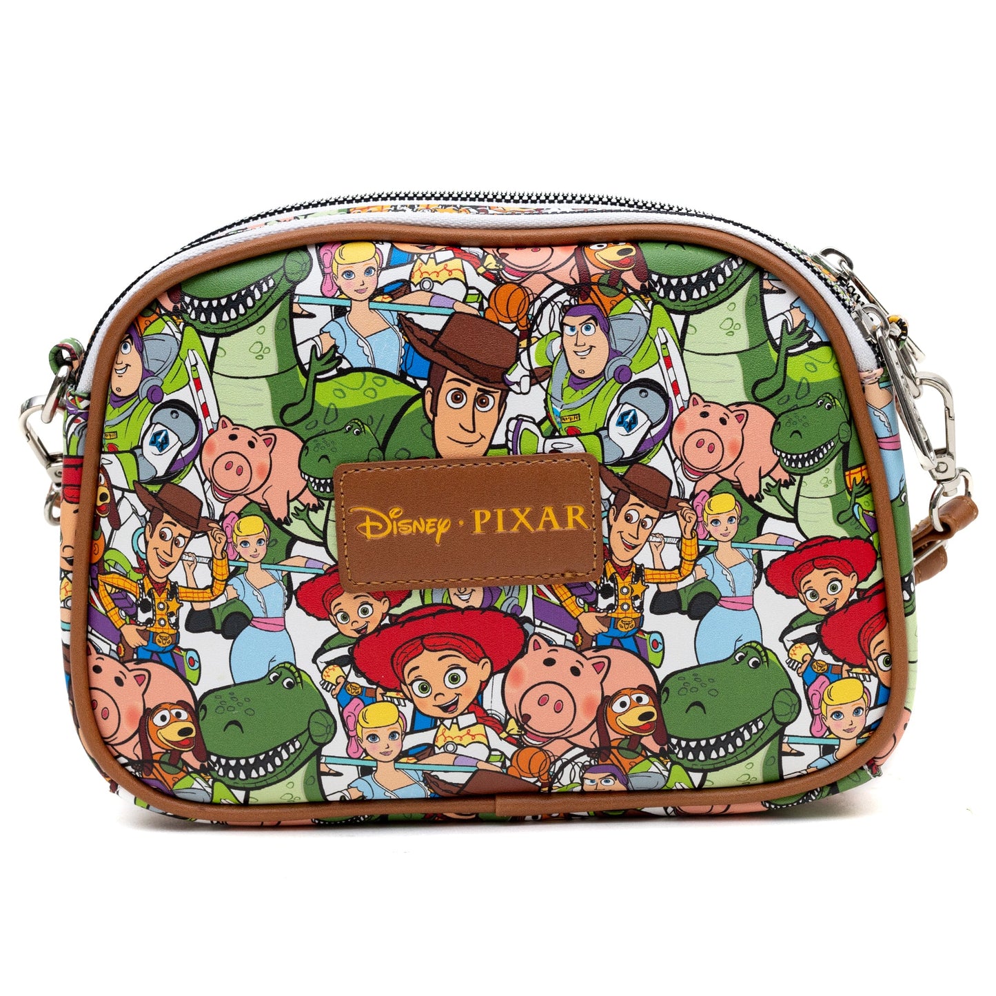 Disney Vegan Leather Crossbody bag with Adjustable Straps, Lilo & Stitch Stitch Close Up Lick Pose Applique, Blue, Toy Story Characters Stacked Multi Color, 8" x 7"