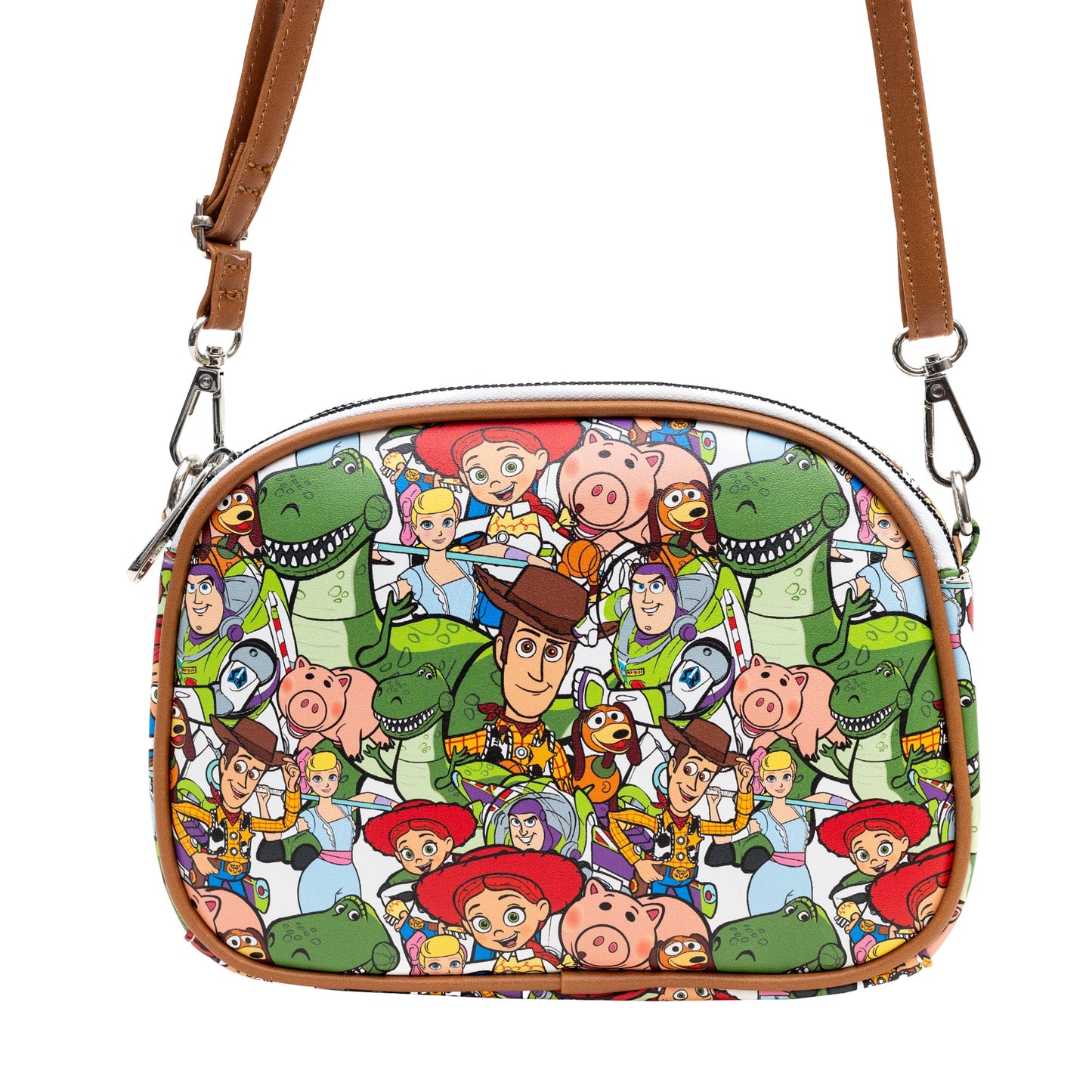 Disney Vegan Leather Crossbody bag with Adjustable Straps, Lilo & Stitch Stitch Close Up Lick Pose Applique, Blue, Toy Story Characters Stacked Multi Color, 8" x 7"