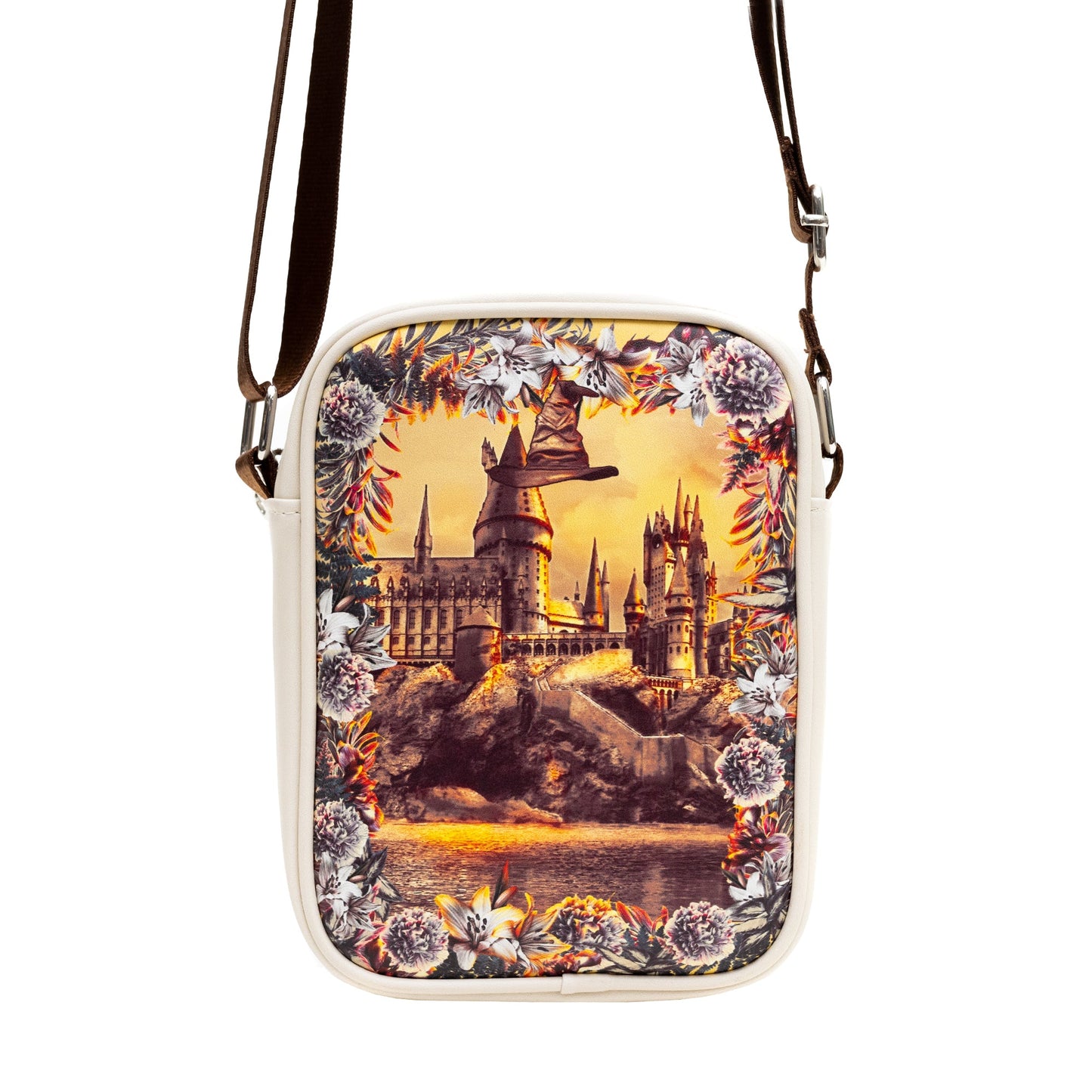 Harry Potter Vegan Leather Round Crossbody Bag with Adjustable Straps, Hogwarts Floral Fantasy Off White