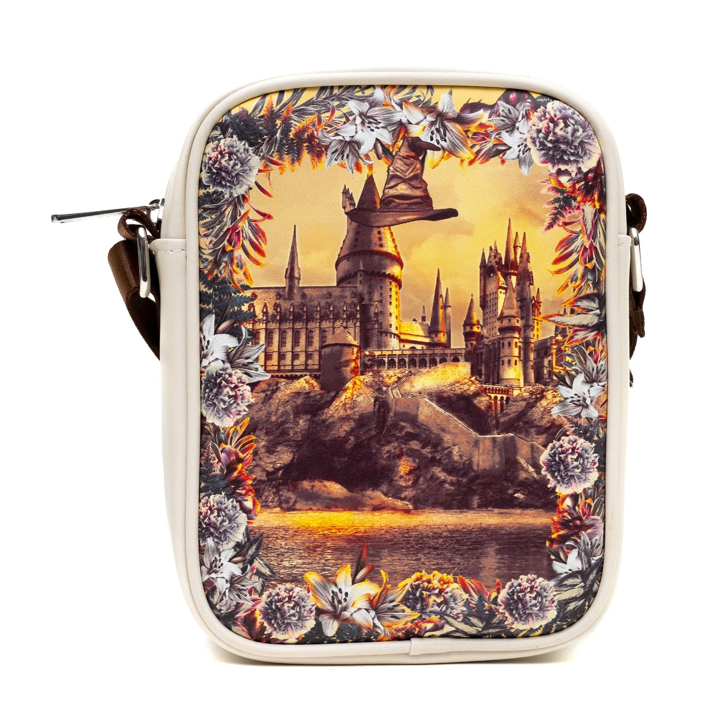 Harry Potter Vegan Leather Round Crossbody Bag with Adjustable Straps, Hogwarts Floral Fantasy Off White