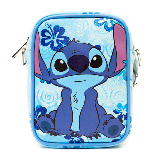 Disney Bag, Crossbody, Lilo and Stitch Stich Sitting Flowers, Blue, Vegan Leather