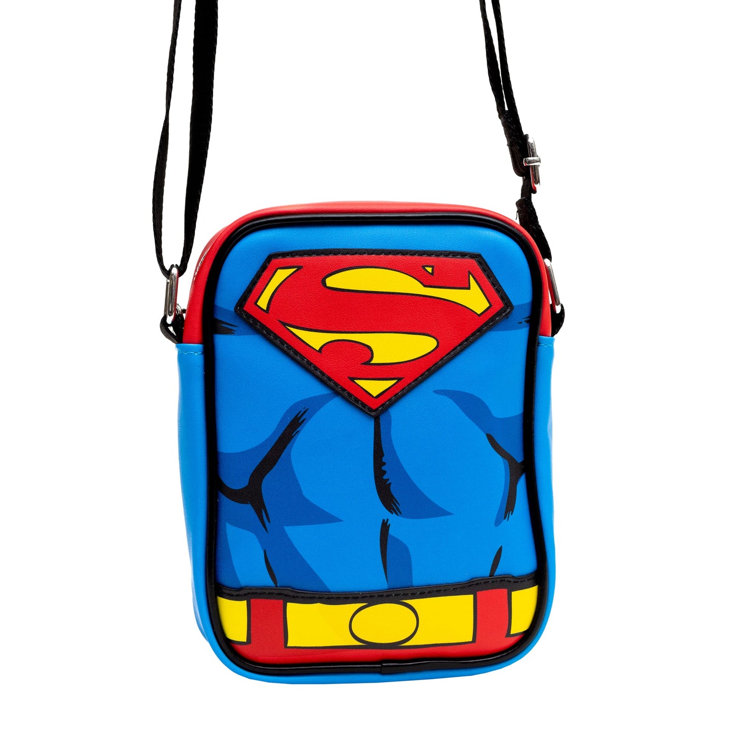 DC Comics Vegan Leather Crossbody Bag with Adjustable Straps, Superman Character Close Up with Super Logo and Belt Appliques, Blue