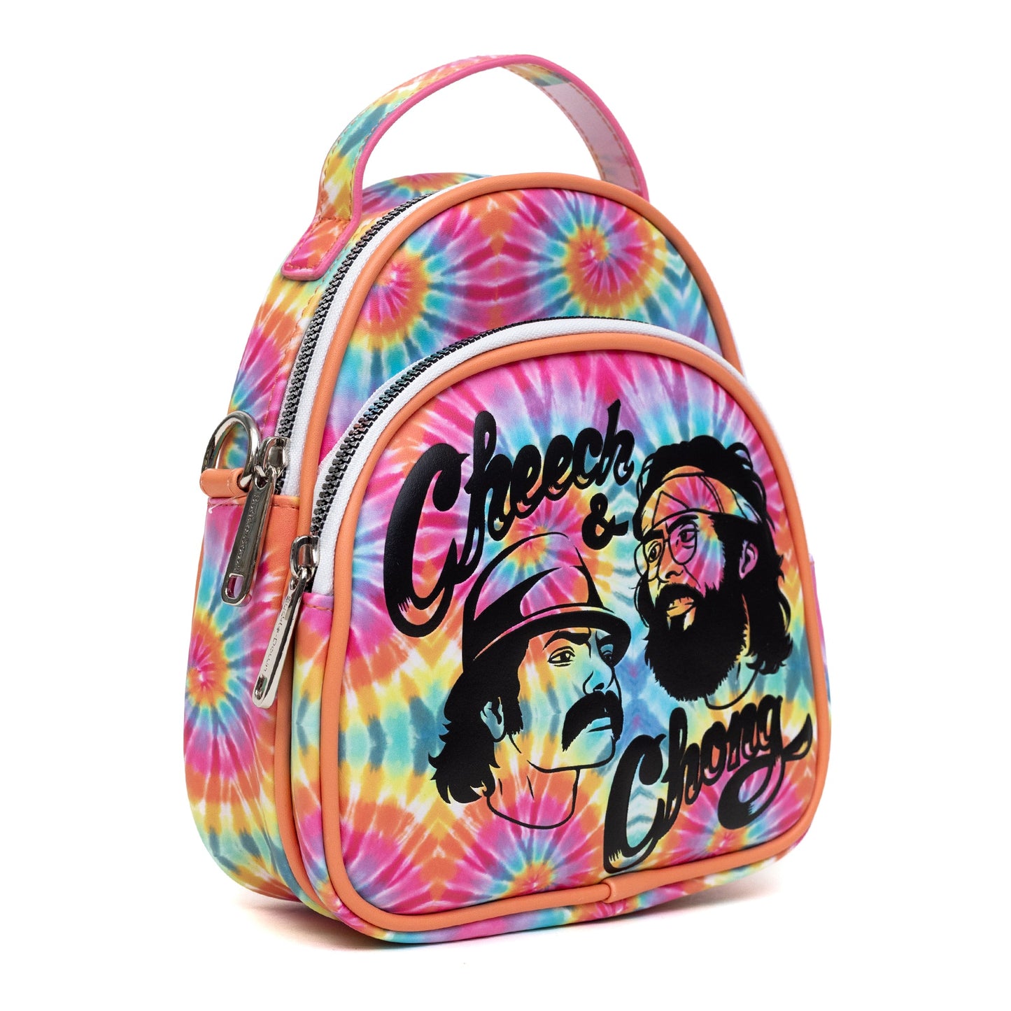 Cheech & Chong Vegan Leather Crossbody Backpack for Men and Women with Adjustable Strap, Faces Debossed Multi Color Tie Dye, Multicolor