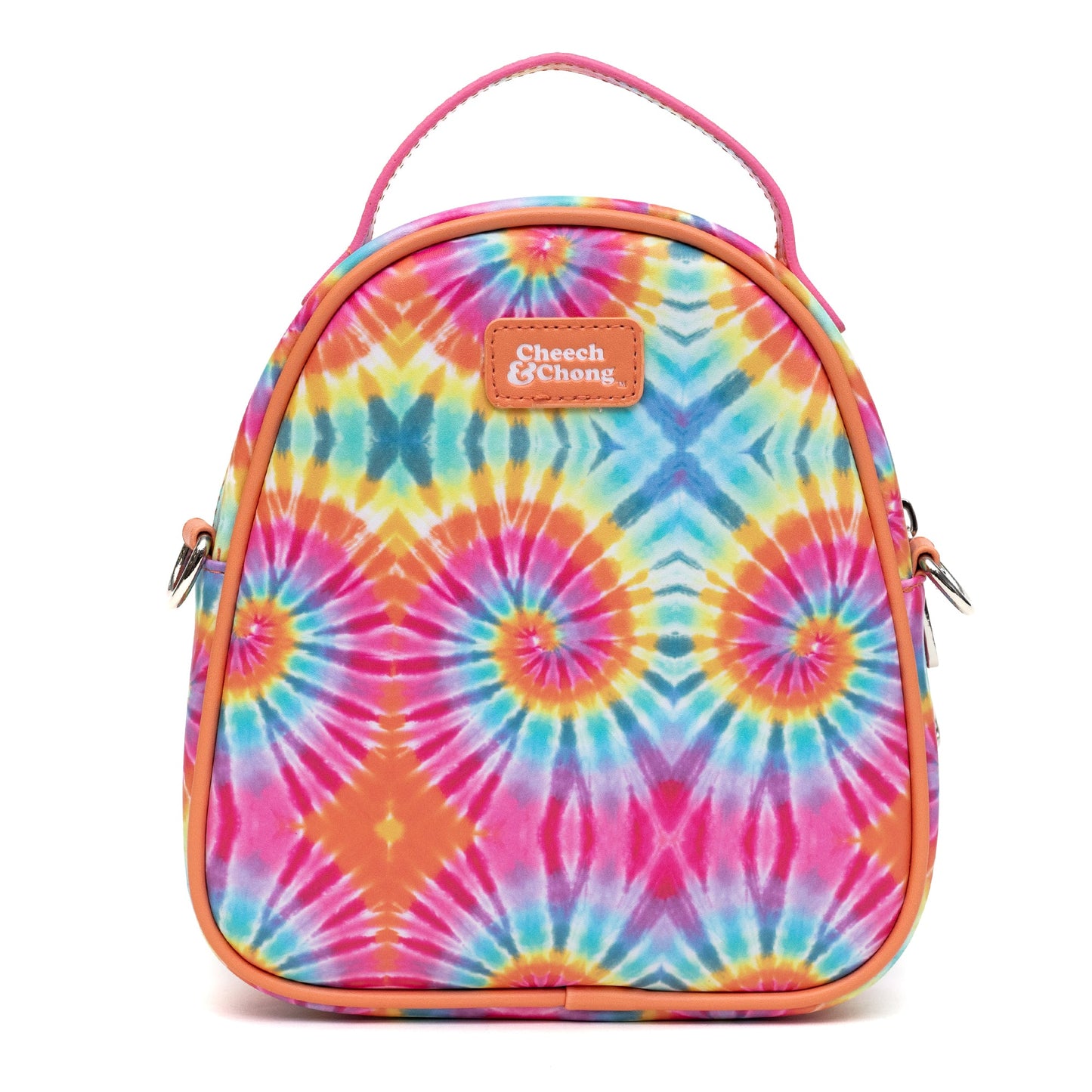 Cheech & Chong Vegan Leather Crossbody Backpack for Men and Women with Adjustable Strap, Faces Debossed Multi Color Tie Dye, Multicolor