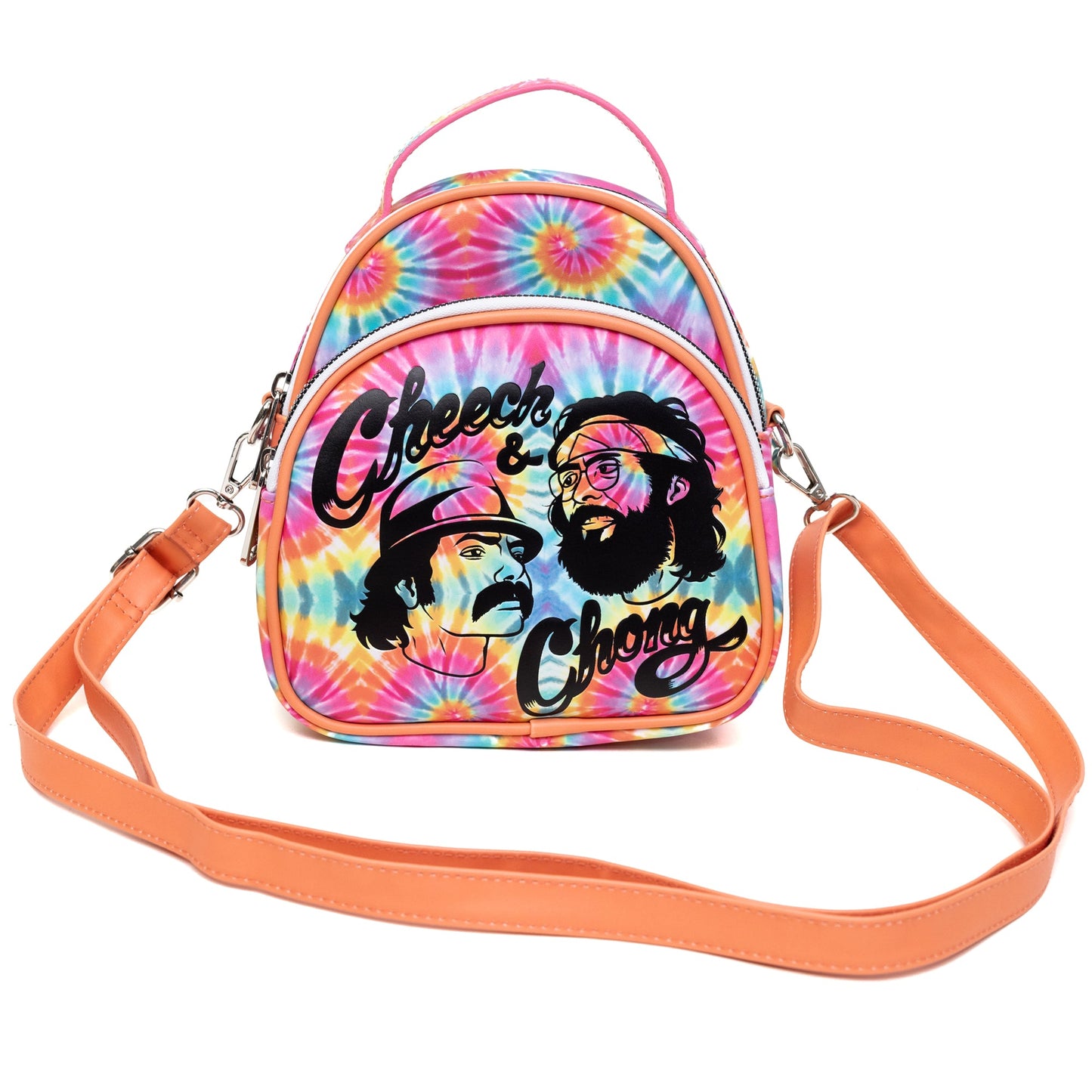 Cheech & Chong Vegan Leather Crossbody Backpack for Men and Women with Adjustable Strap, Faces Debossed Multi Color Tie Dye, Multicolor