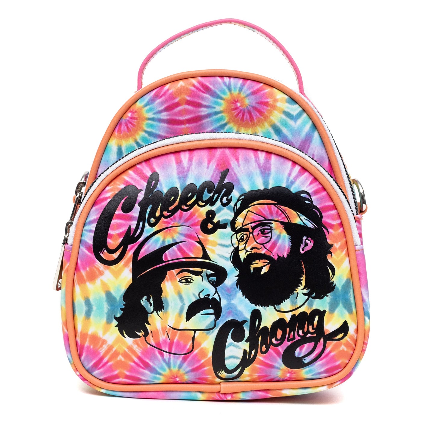 Cheech & Chong Vegan Leather Crossbody Backpack for Men and Women with Adjustable Strap, Faces Debossed Multi Color Tie Dye, Multicolor